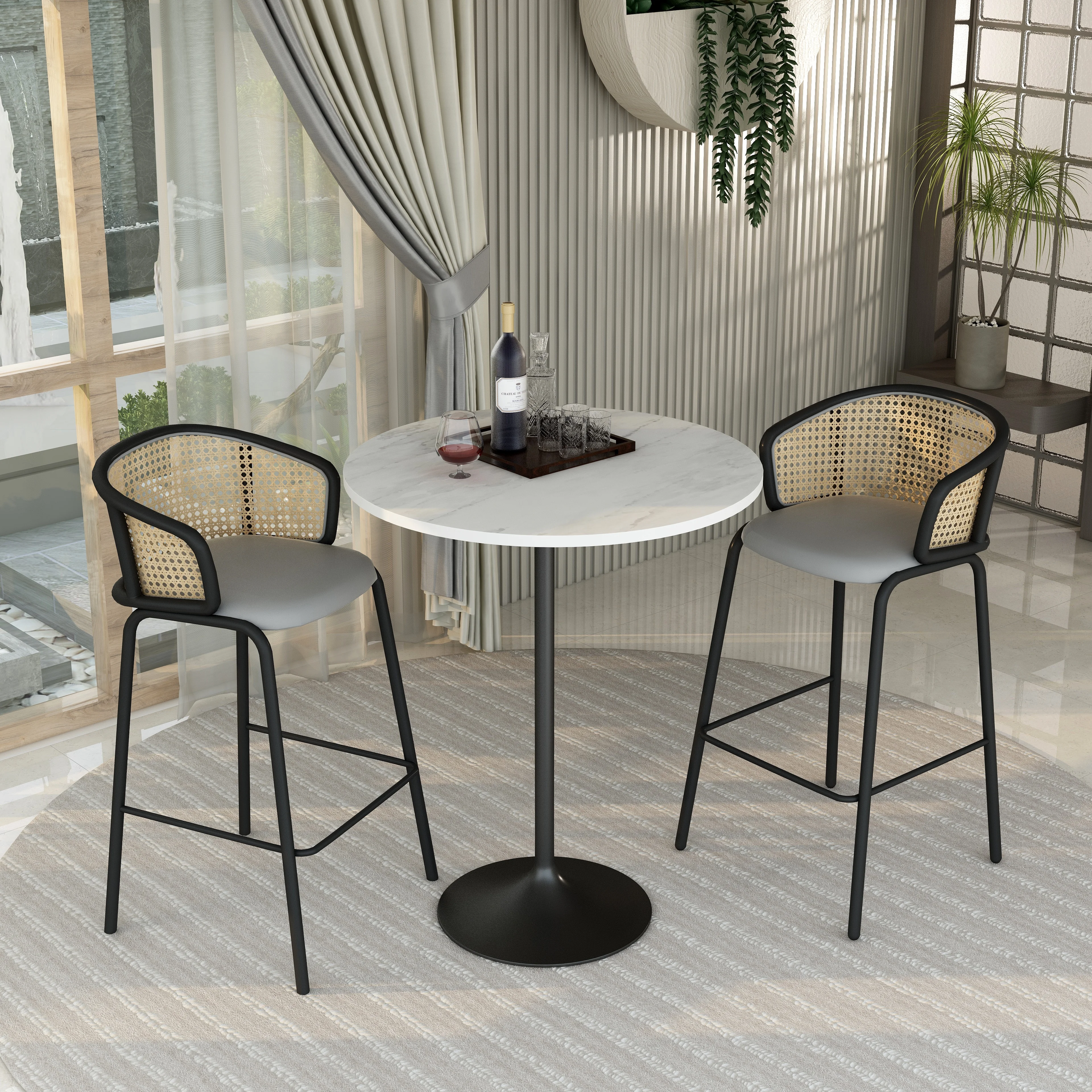 Verve Collection Modern Bar Height Table Black Base with 36" Round Marbleized White Laminated Top