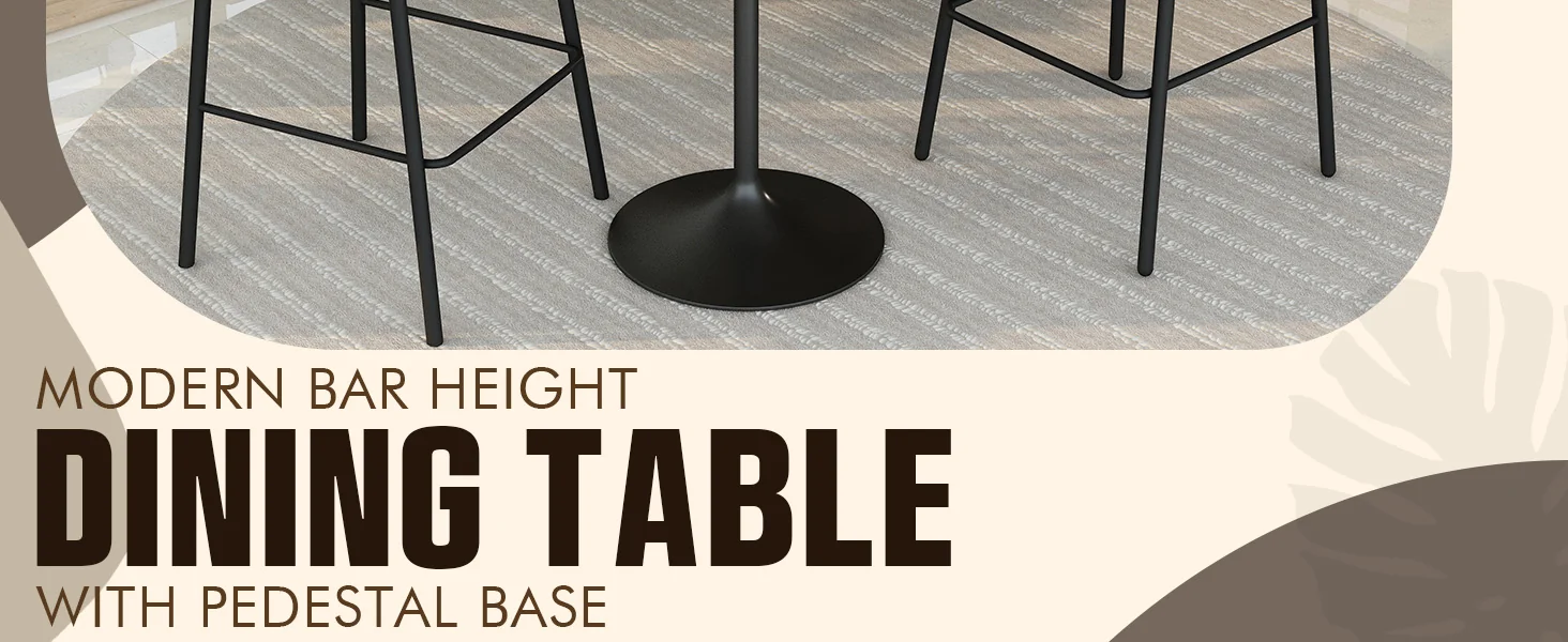 Verve Collection Modern Bar Height Table Black Base with 36" Round Marbleized White Laminated Top