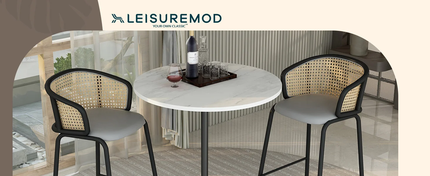 Verve Collection Modern Bar Height Table Black Base with 36" Round Marbleized White Laminated Top