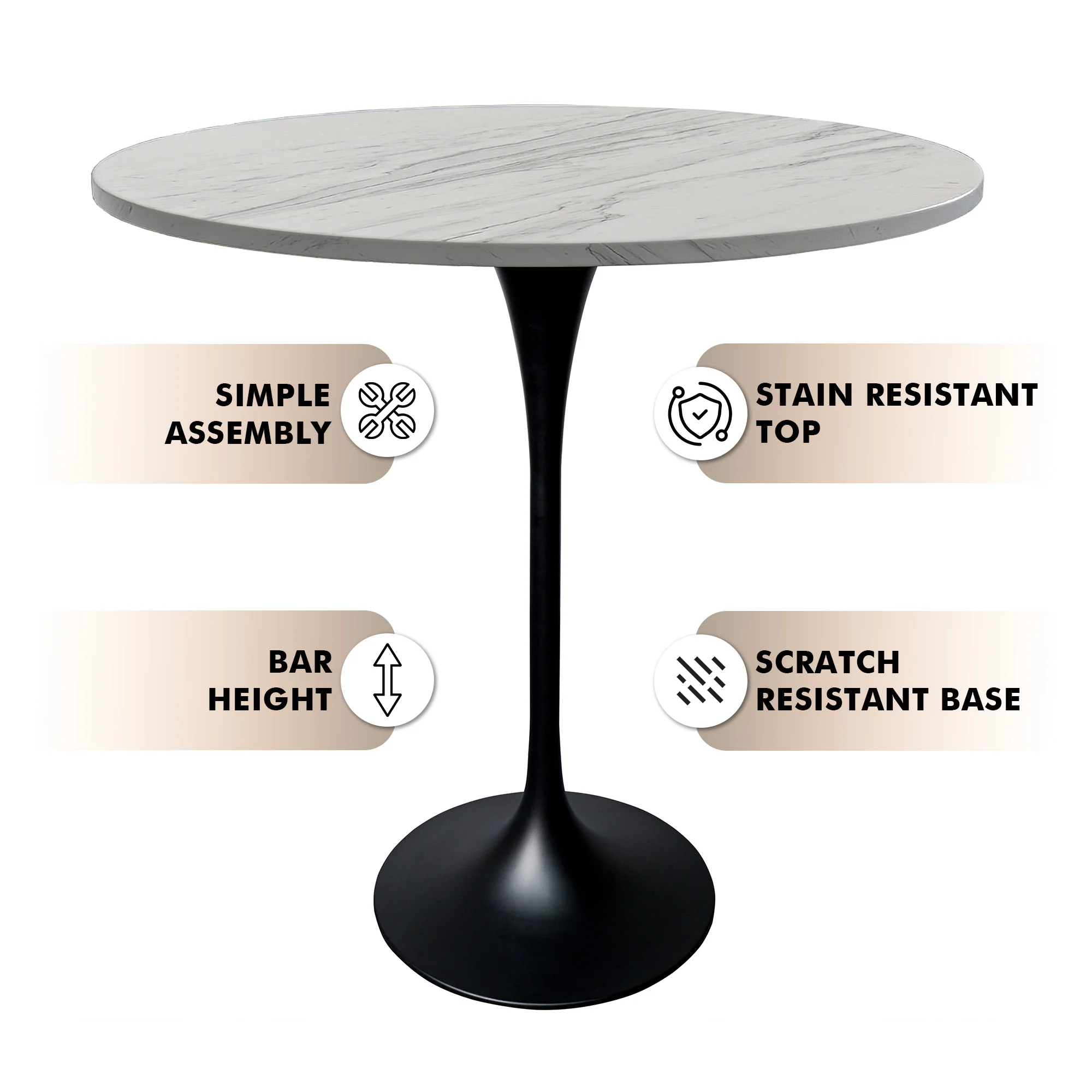 Verve Collection Modern Bar Height Table Black Base with 36" Round Marbleized White Laminated Top