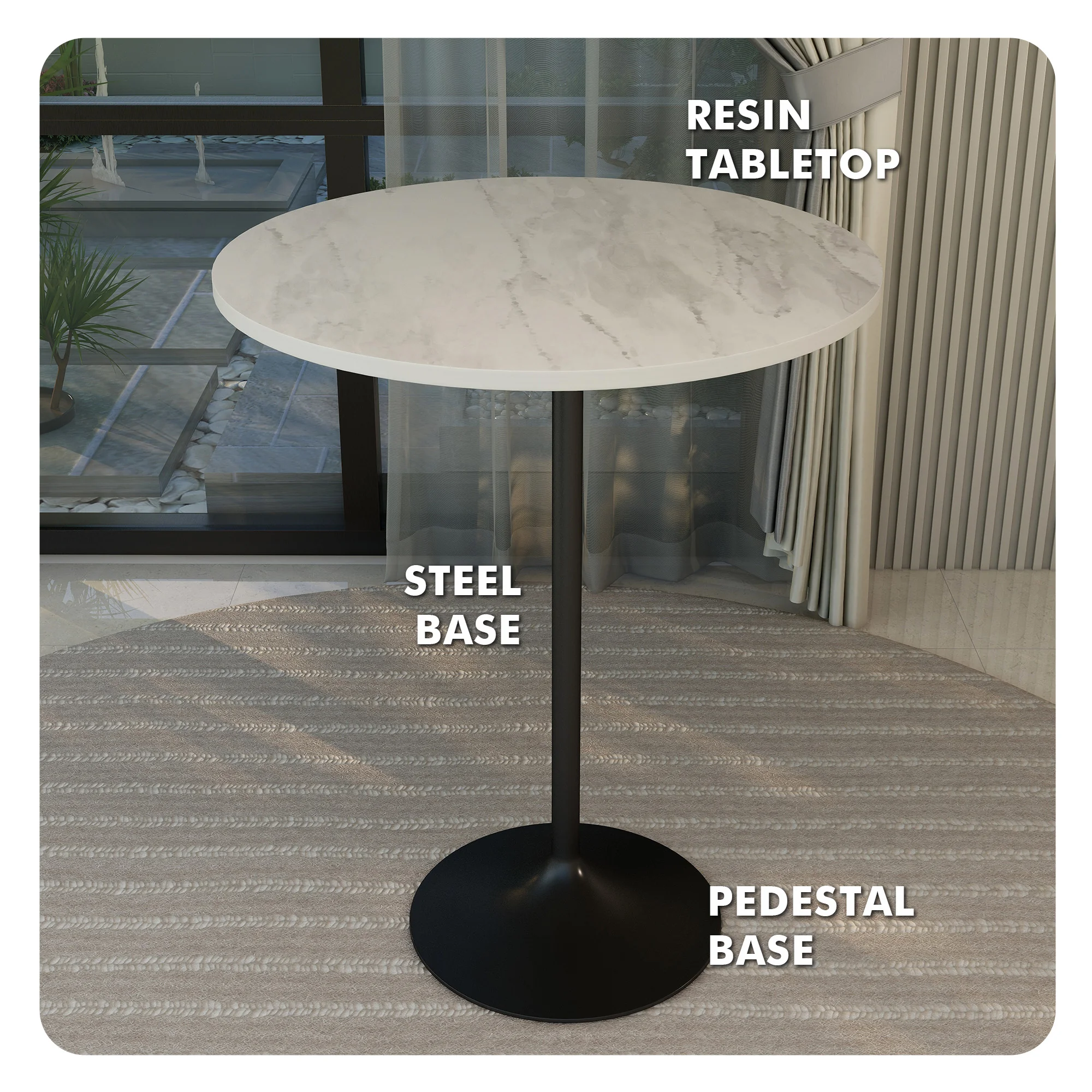 Verve Collection Modern Bar Height Table Black Base with 36" Round Marbleized White Laminated Top