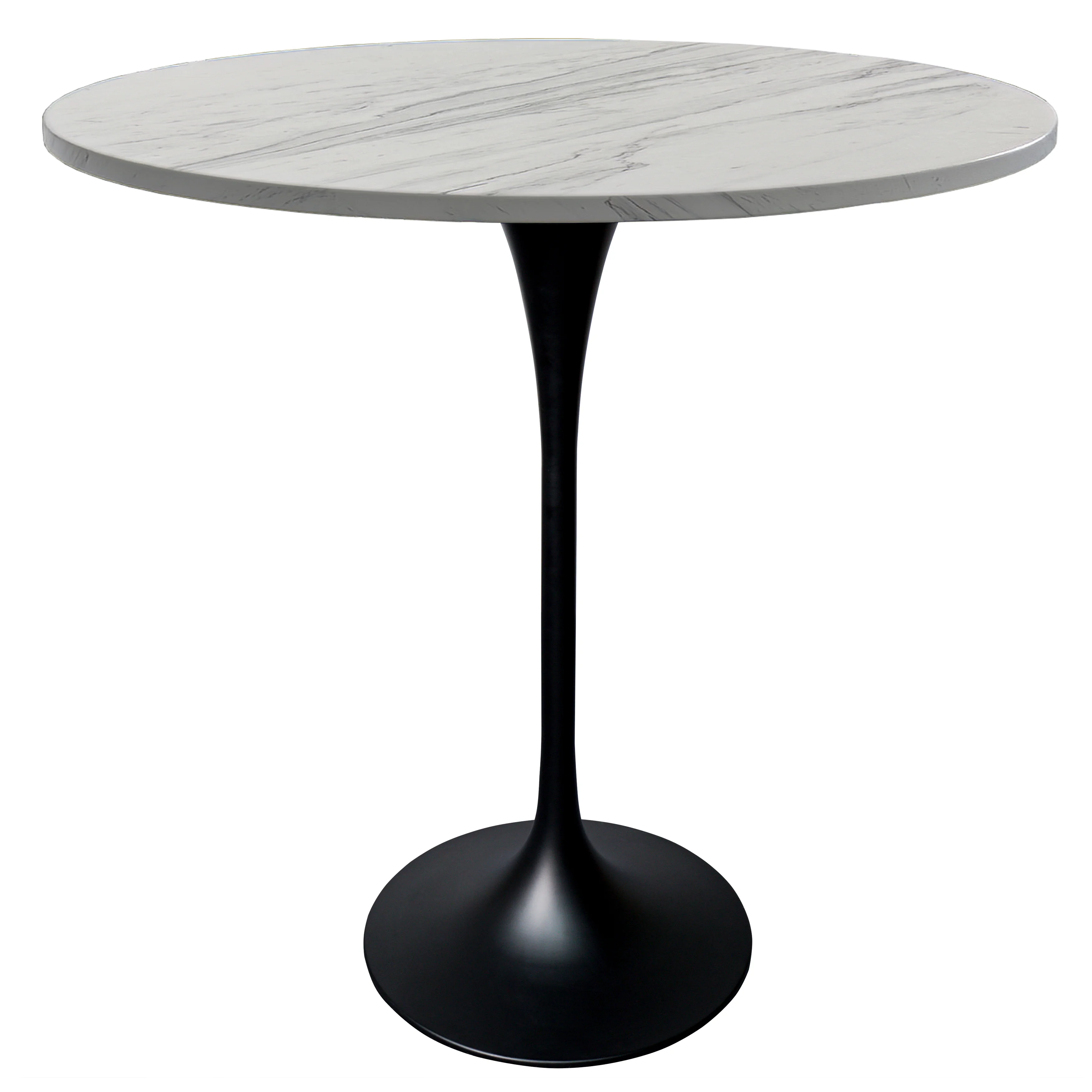 Verve Collection Modern Bar Height Table Black Base with 36" Round Marbleized White Laminated Top