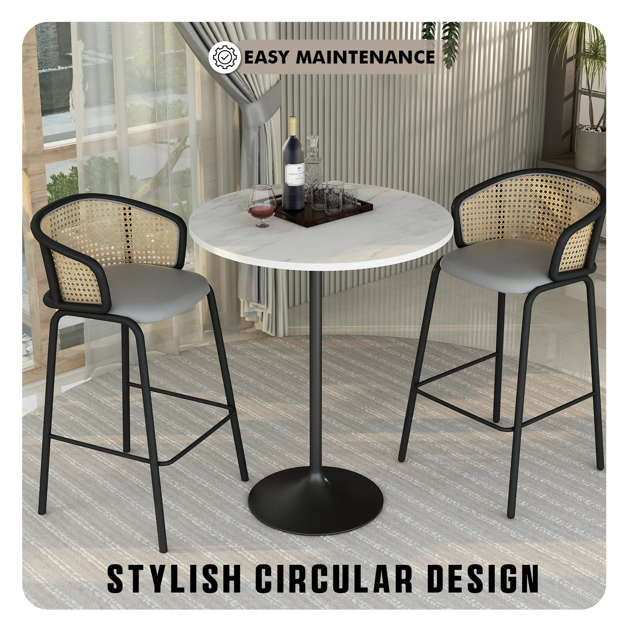 Verve Collection Modern Bar Height Table Black Base with 36" Round Marbleized White Laminated Top