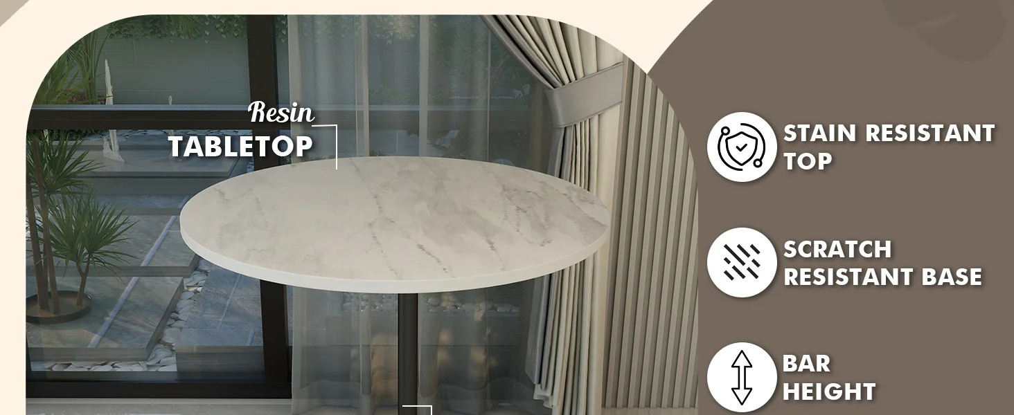 Verve Collection Modern Bar Height Table Black Base with 36" Round Marbleized White Laminated Top