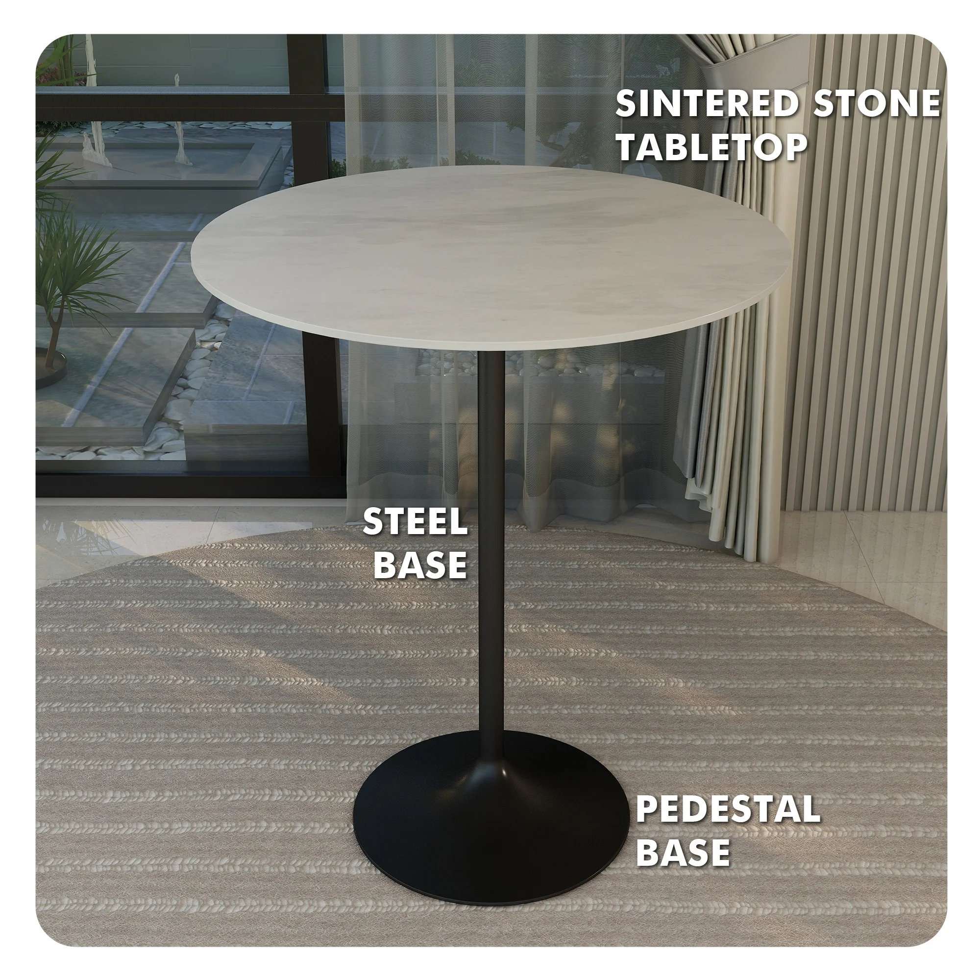 Verve Collection Modern Bar Height Table Black Base with 36" Round Marble White Sintered Stone Top