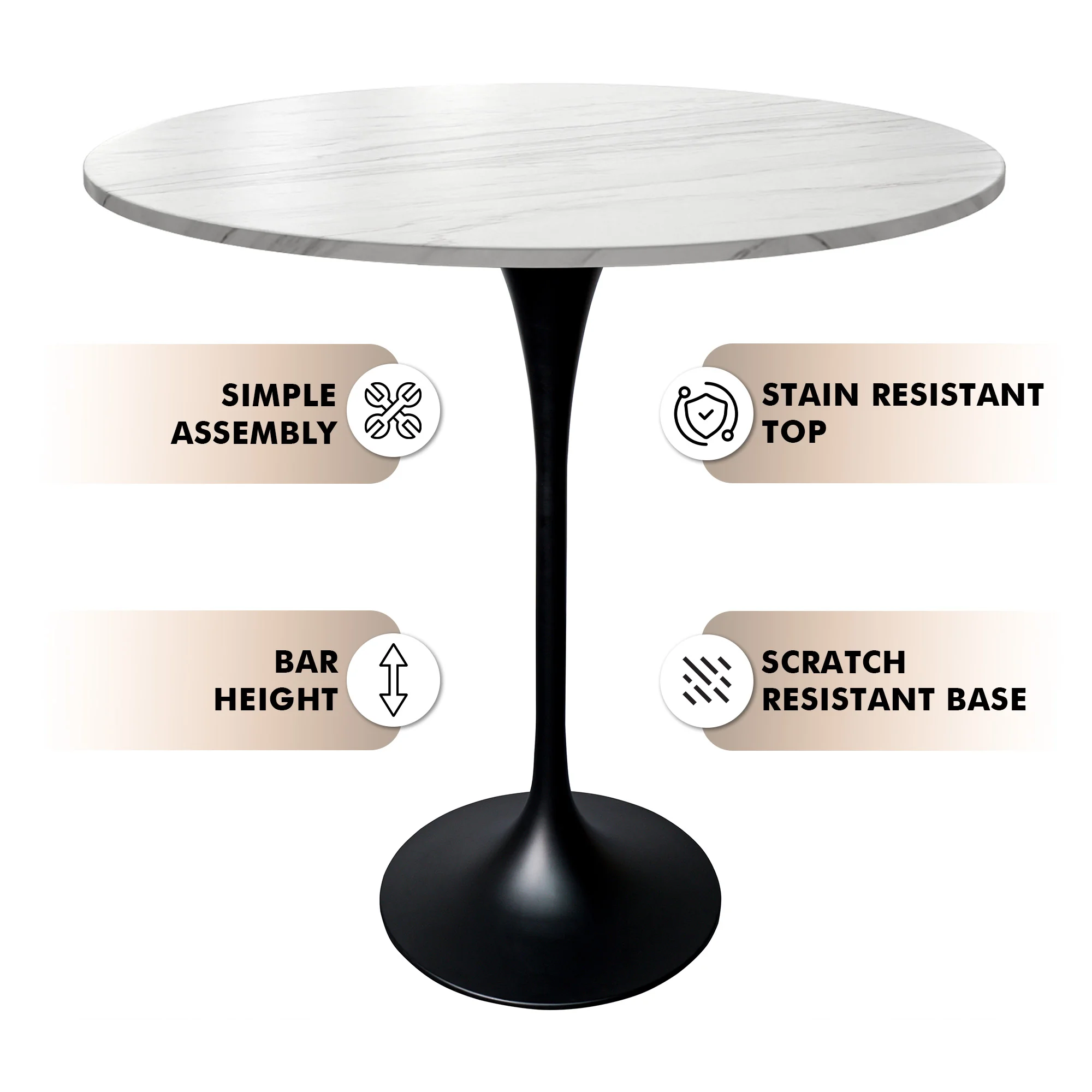Verve Collection Modern Bar Height Table Black Base with 36" Round Marble White Sintered Stone Top