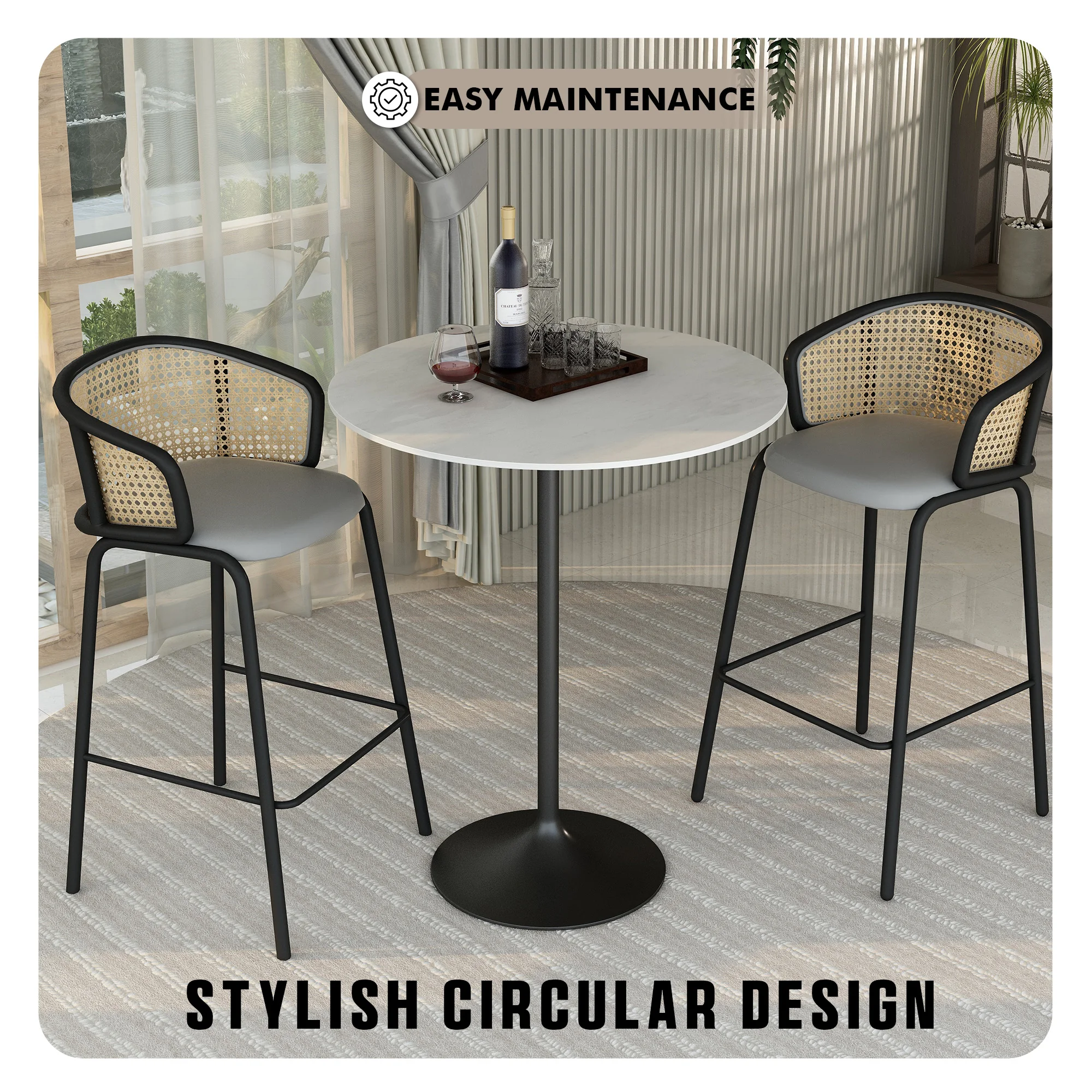 Verve Collection Modern Bar Height Table Black Base with 36" Round Marble White Sintered Stone Top