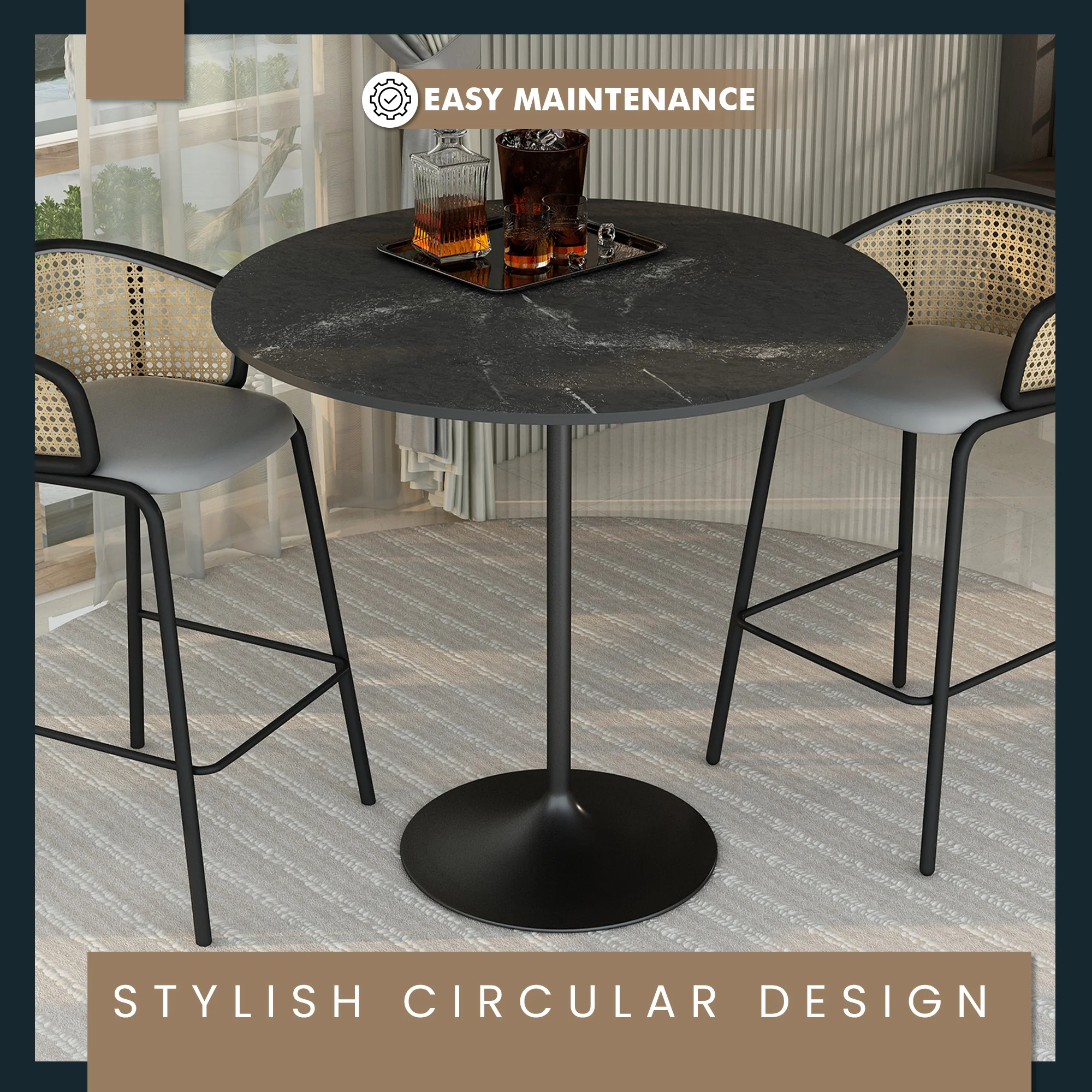 Verve Collection Modern Bar Height Table Black Base with 48" Round Black Marbelized MDF Top