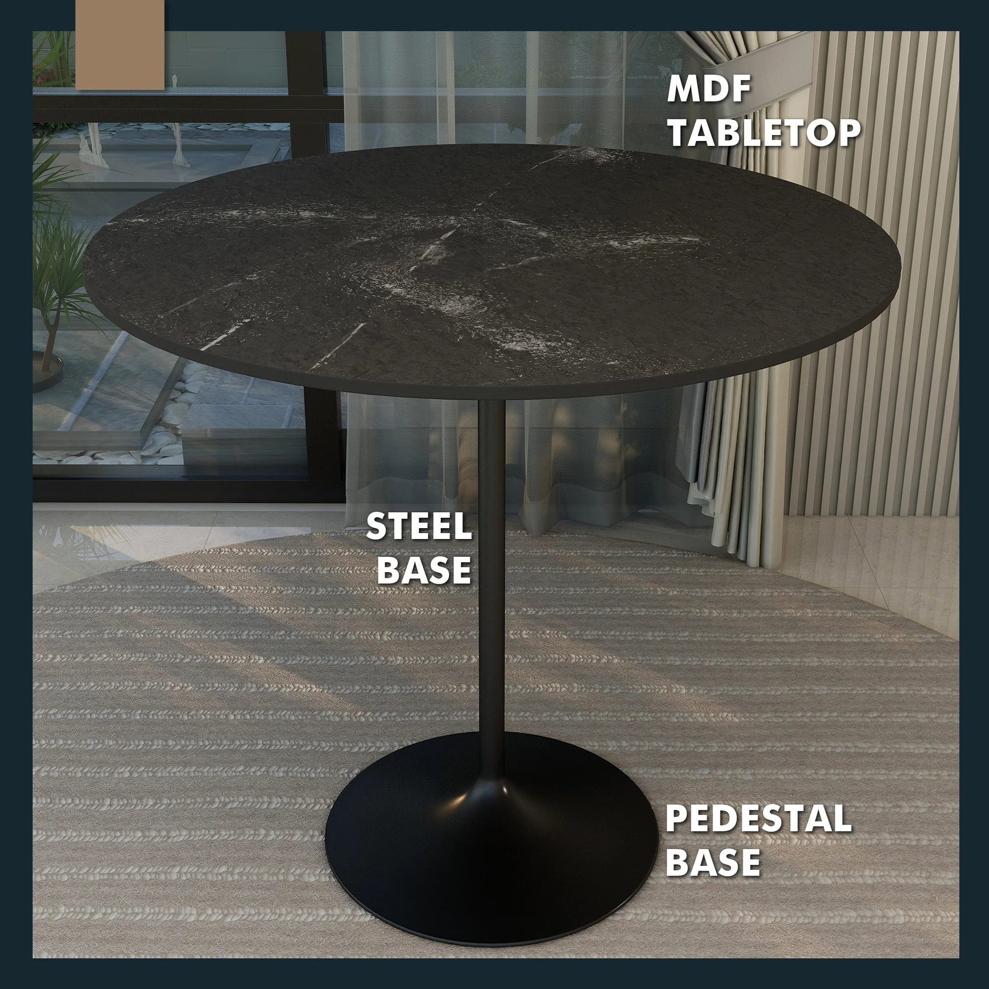 Verve Collection Modern Bar Height Table Black Base with 48" Round Black Marbelized MDF Top