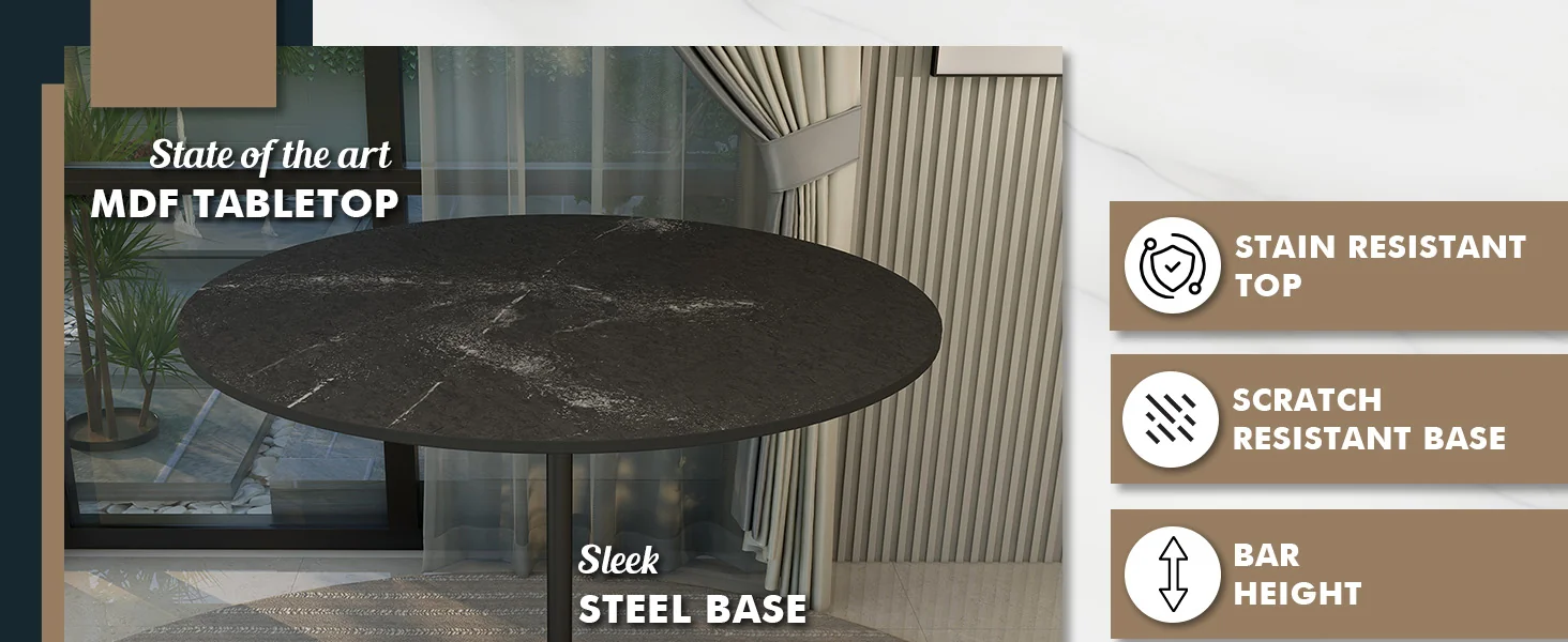 Verve Collection Modern Bar Height Table Black Base with 48" Round Black Marbelized MDF Top