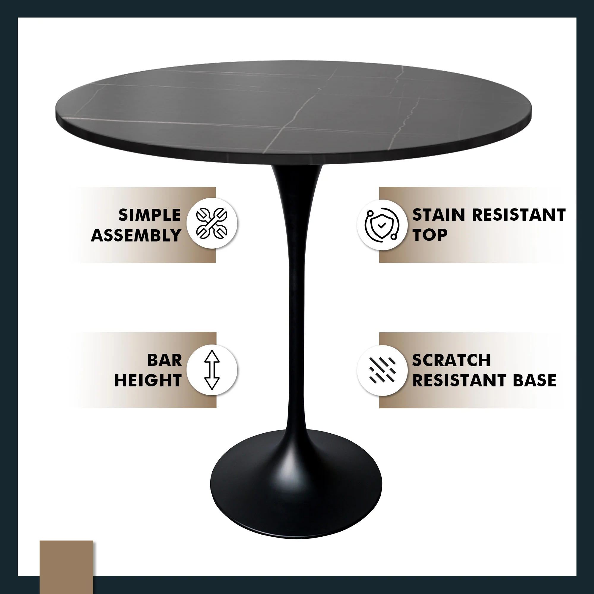 Verve Collection Modern Bar Height Table Black Base with 48" Round Black Marbelized Sintered Stone Top