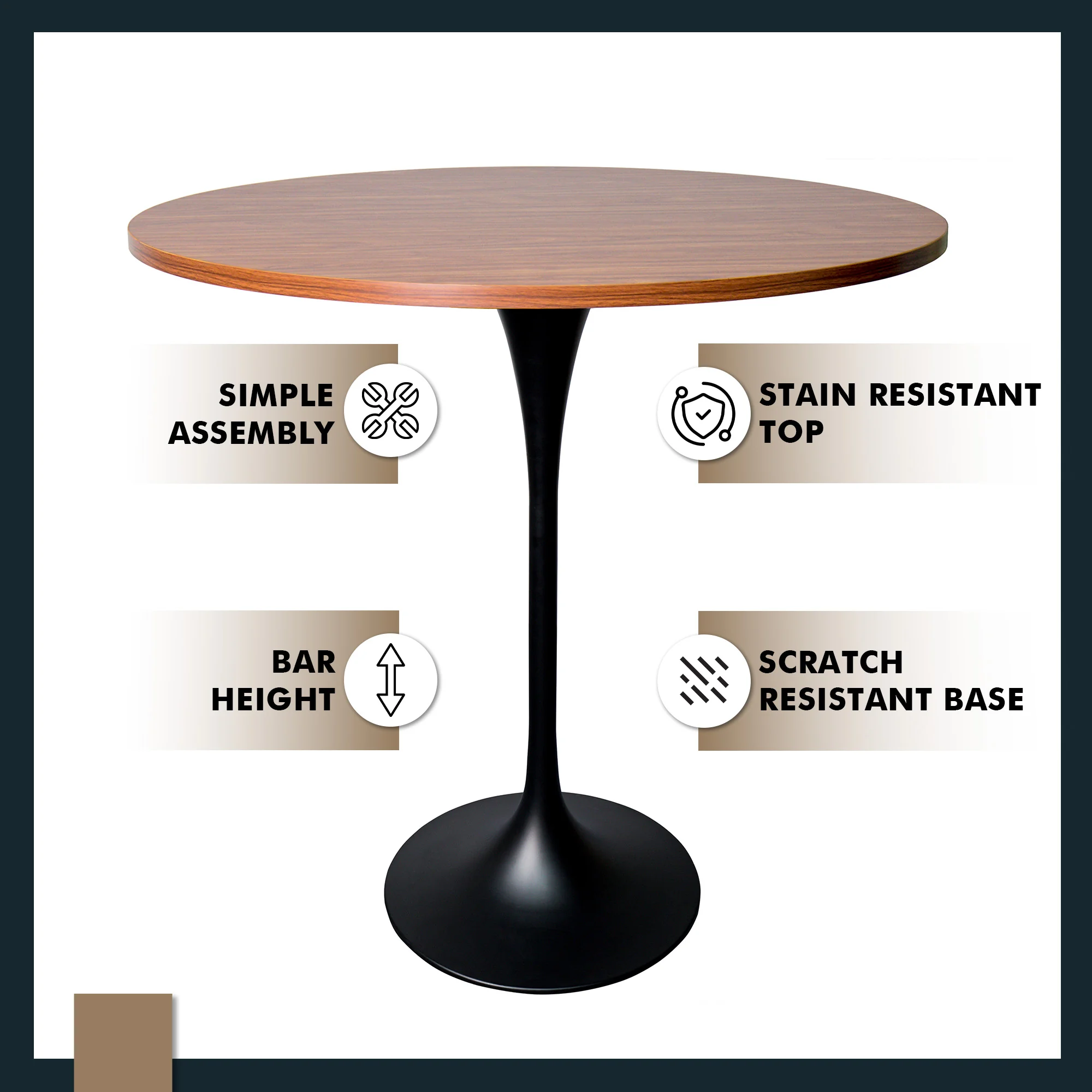 Verve Collection Modern Bar Height Table Black Base with 48" Round Cognac Brown MDF Top