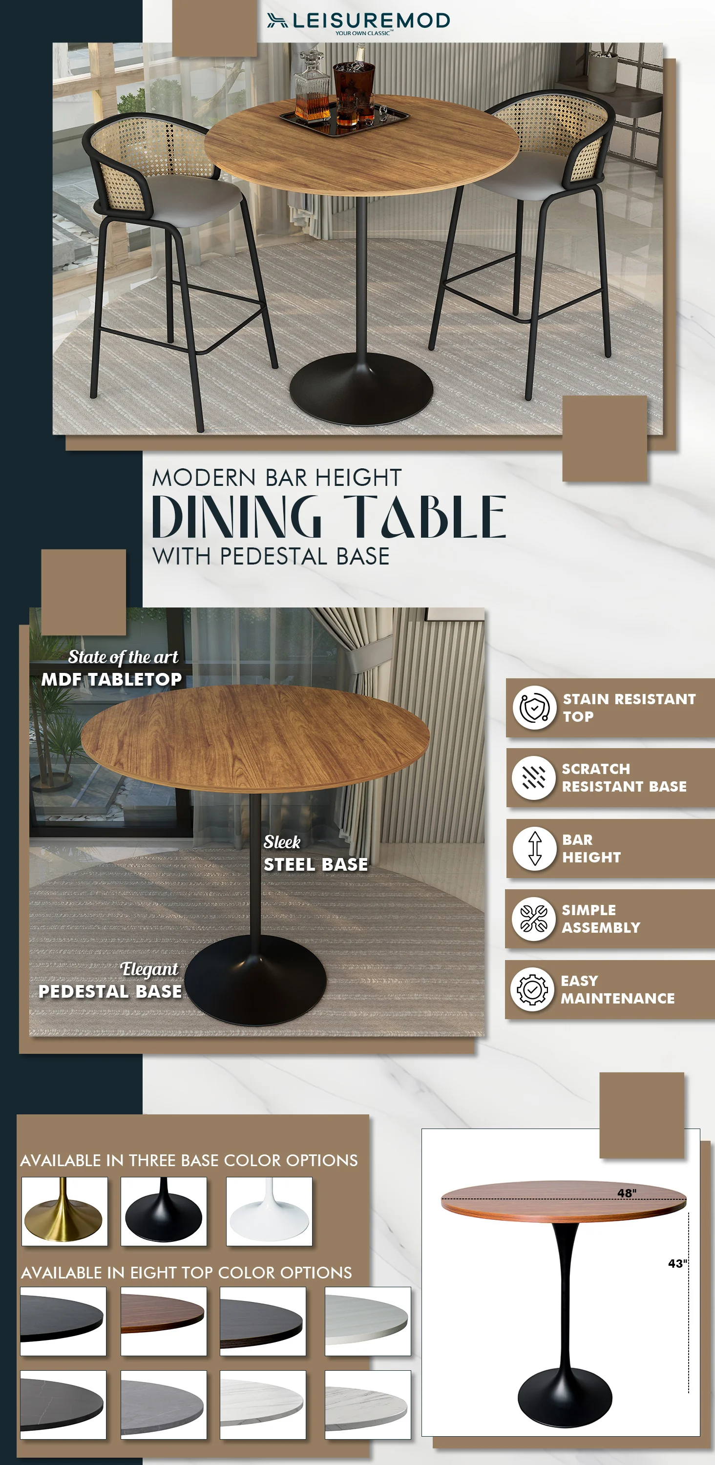 Verve Collection Modern Bar Height Table Black Base with 48" Round Cognac Brown MDF Top