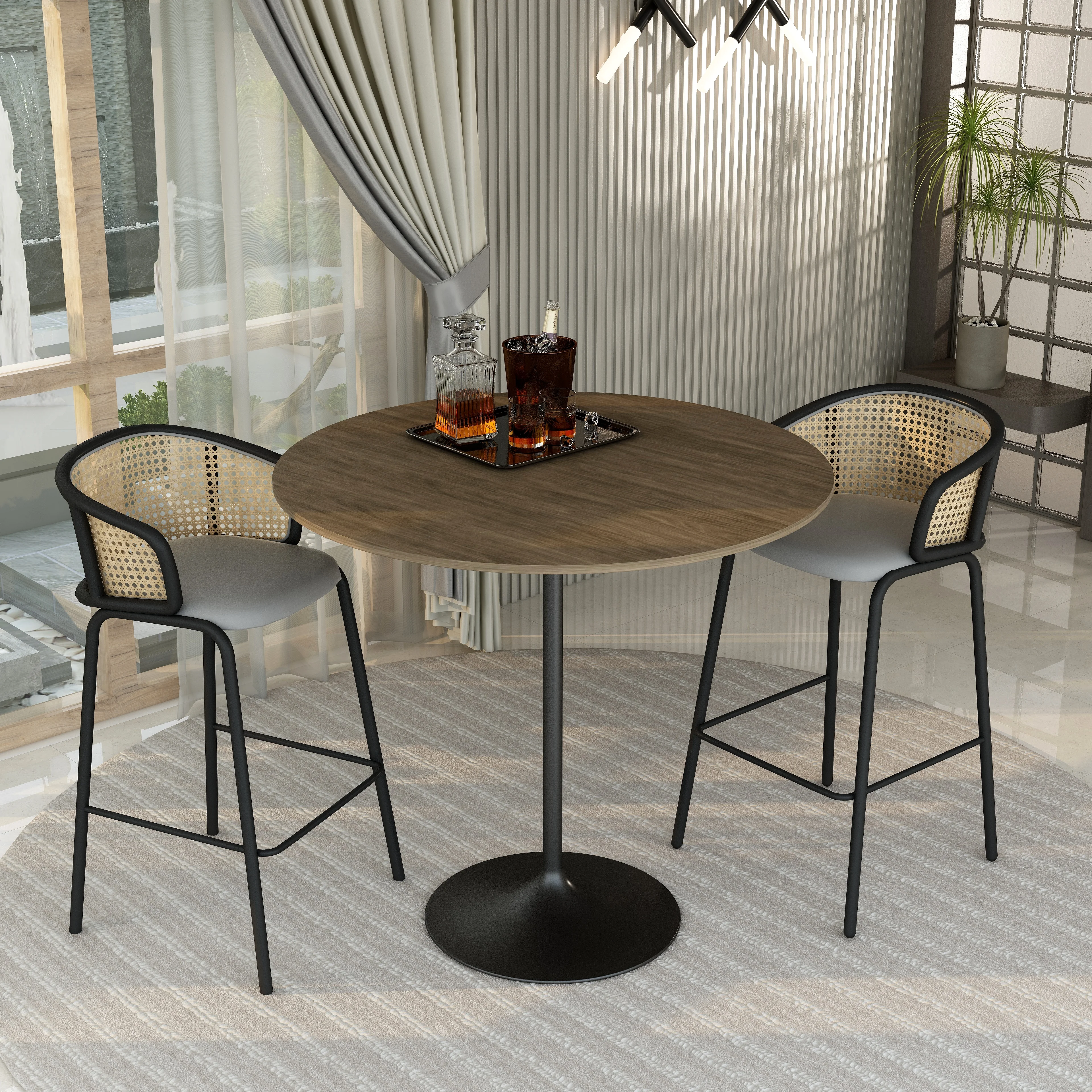 Verve Collection Modern Bar Height Table Black Base with 48" Round Dark Walnut MDF Top