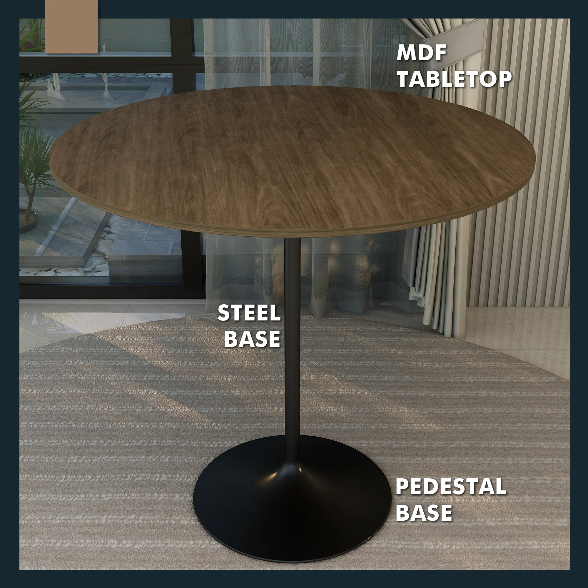 Verve Collection Modern Bar Height Table Black Base with 48" Round Dark Walnut MDF Top
