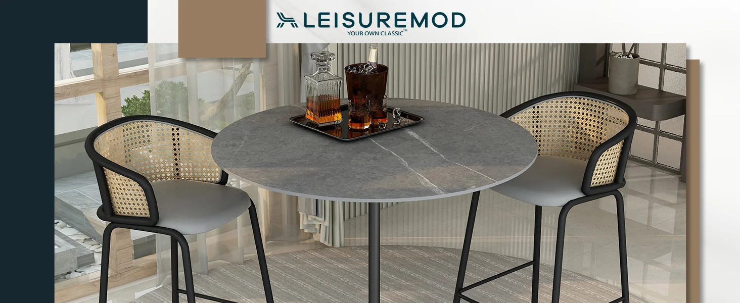 Verve Collection Modern Bar Height Table Black Base with 48" Round Marble Grey Sintered Stone Top