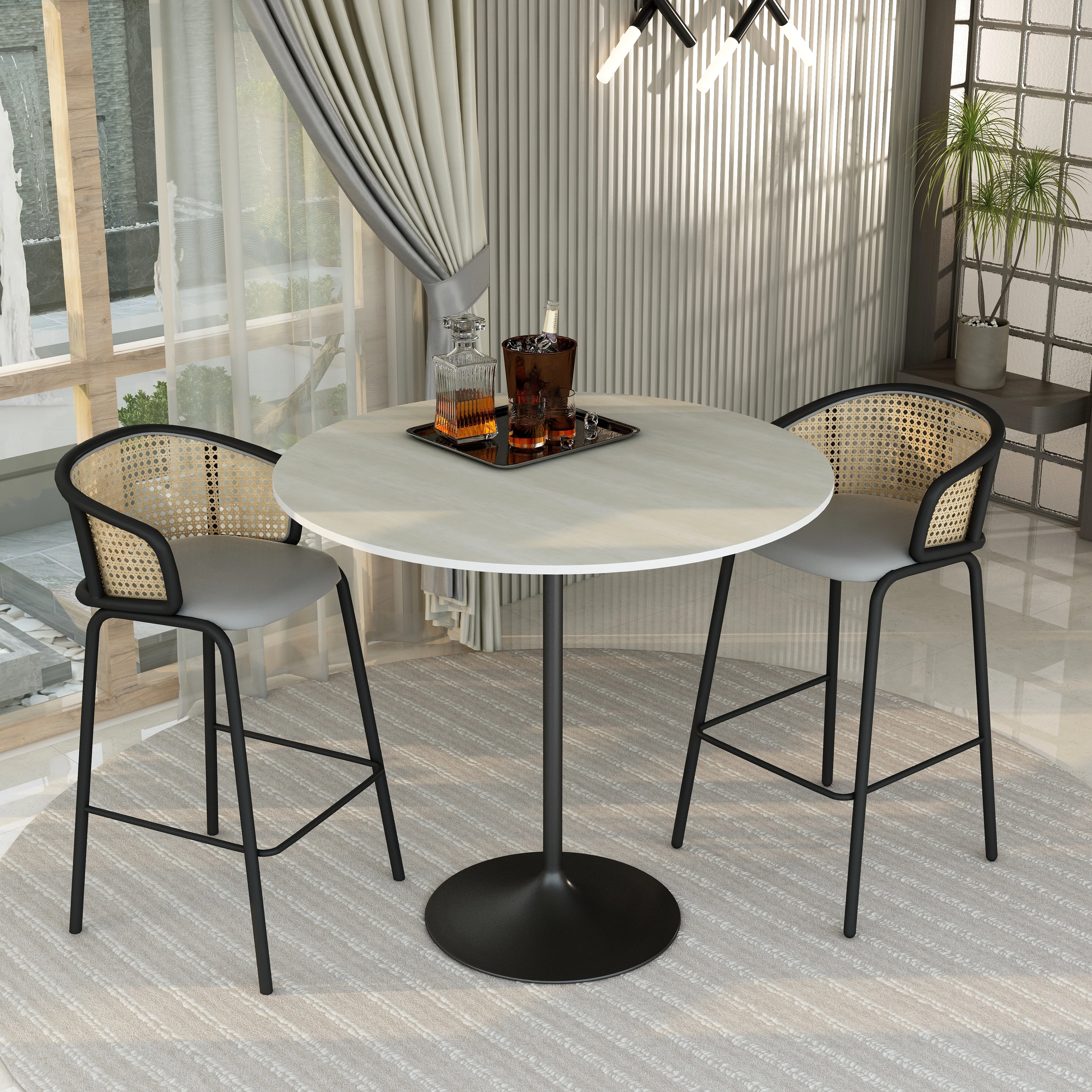 Verve Collection Modern Bar Height Table Black Base with 48" Round Light Natural Wood MDF Top