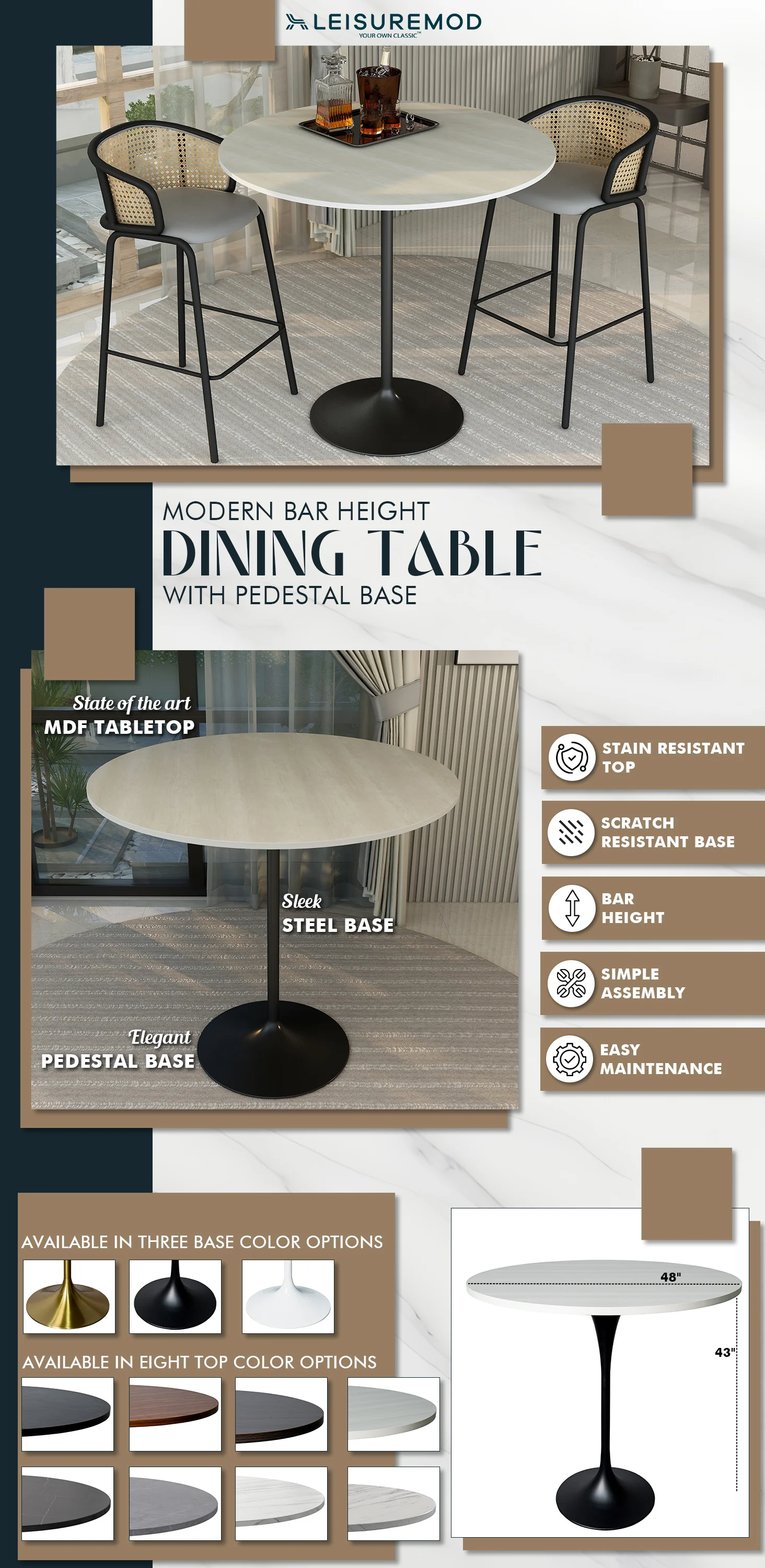 Verve Collection Modern Bar Height Table Black Base with 48" Round Light Natural Wood MDF Top