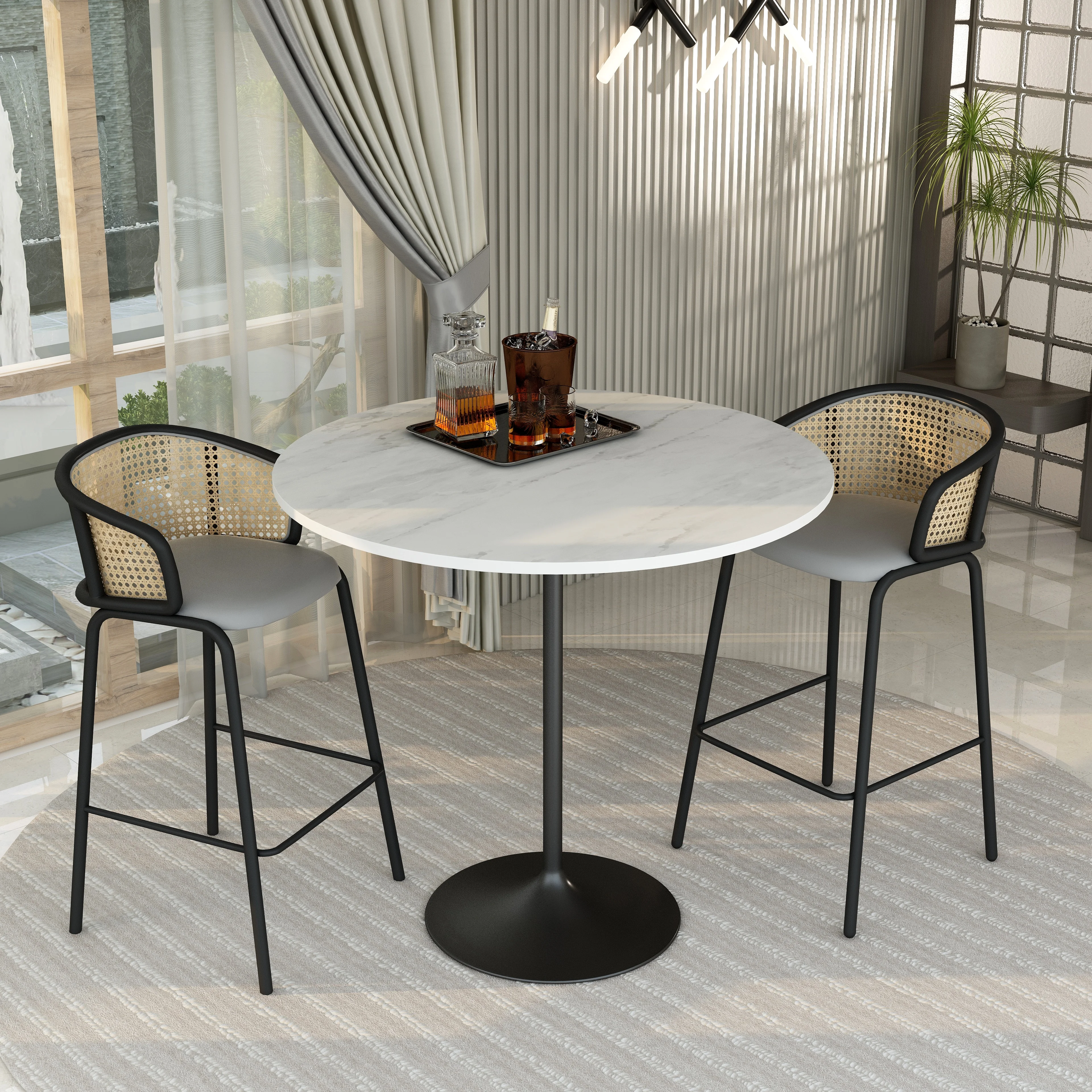 Verve Collection Modern Bar Height Table Black Base with 48" Round Marbleized White Laminated Top