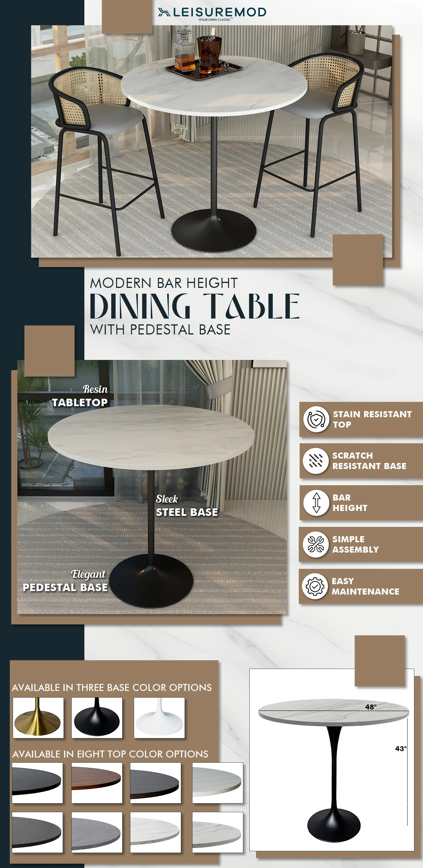 Verve Collection Modern Bar Height Table Black Base with 48" Round Marbleized White Laminated Top