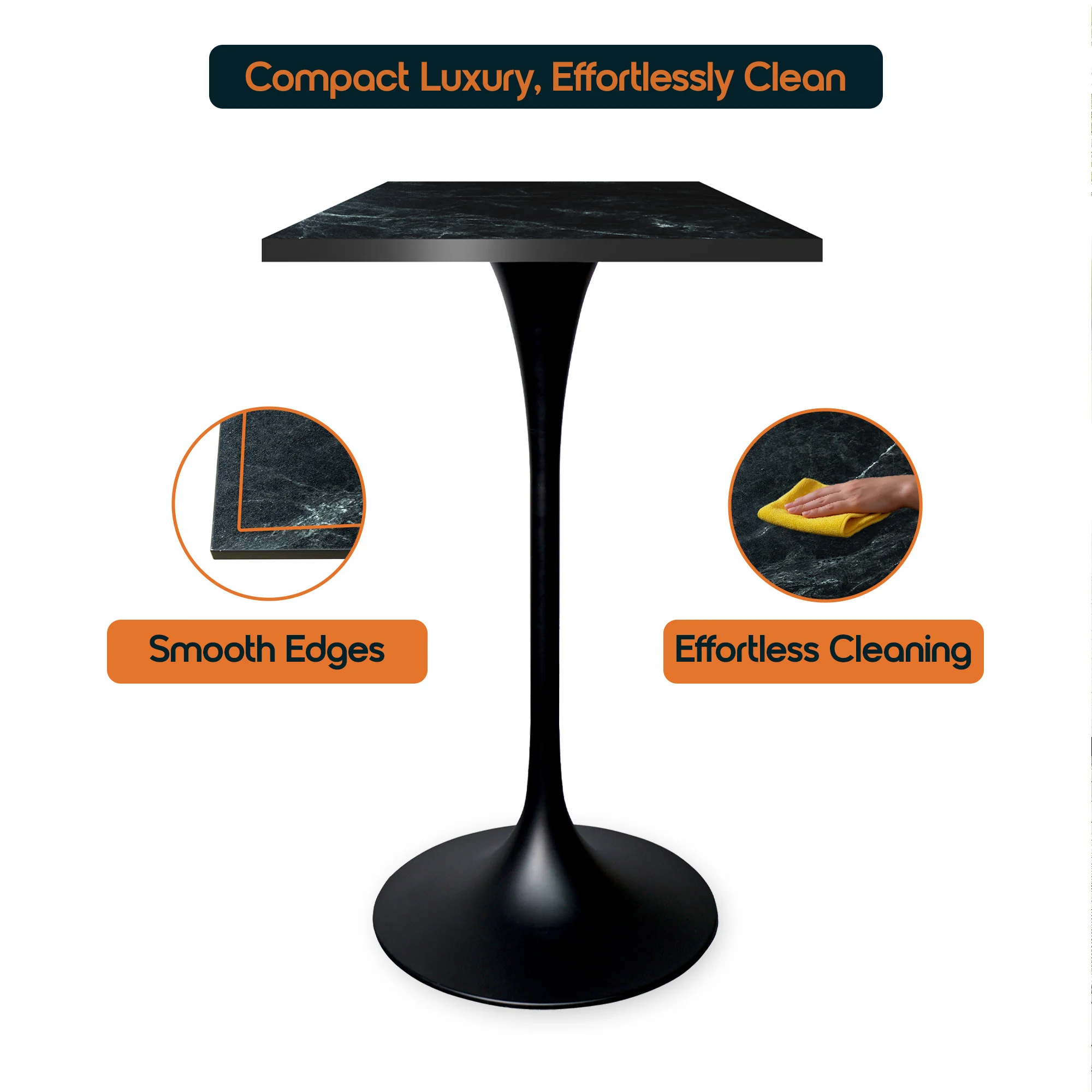 Verve Collection 24 Square Top Bar Height Table, Black Base with Black MDF Top