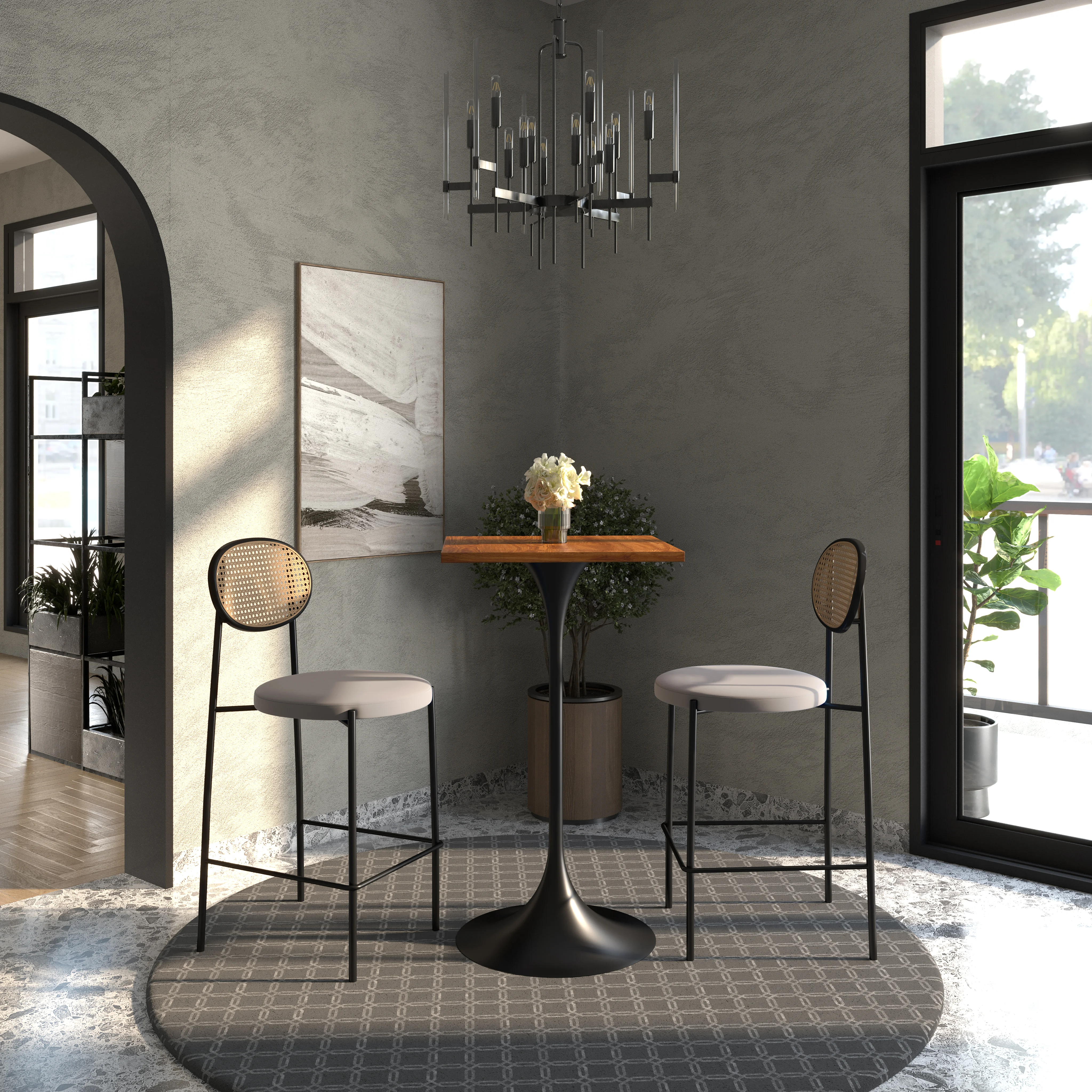 Verve Collection 24 Square Top Bar Height Table, Black Base with Cognac Brown MDF Top