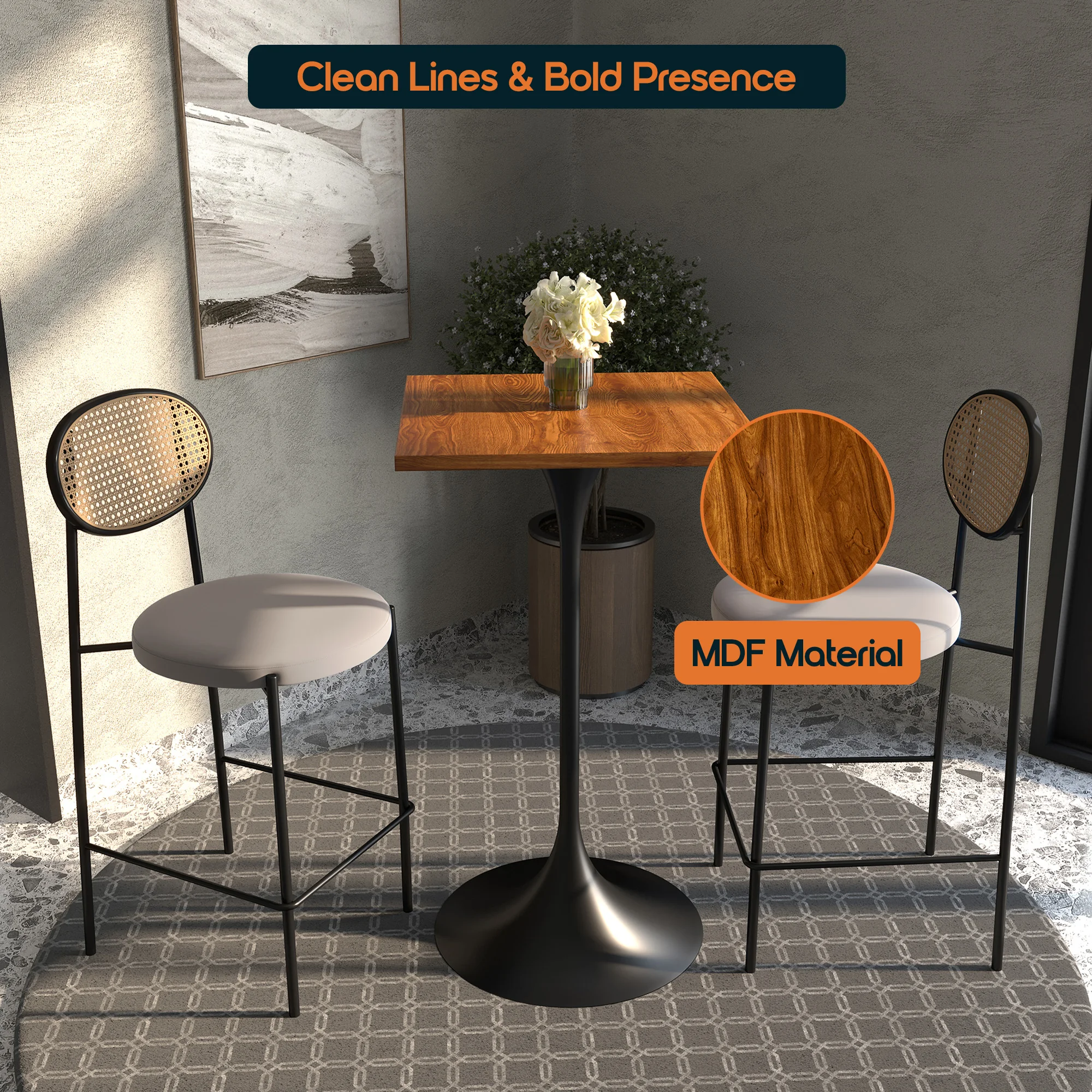 Verve Collection 24 Square Top Bar Height Table, Black Base with Cognac Brown MDF Top