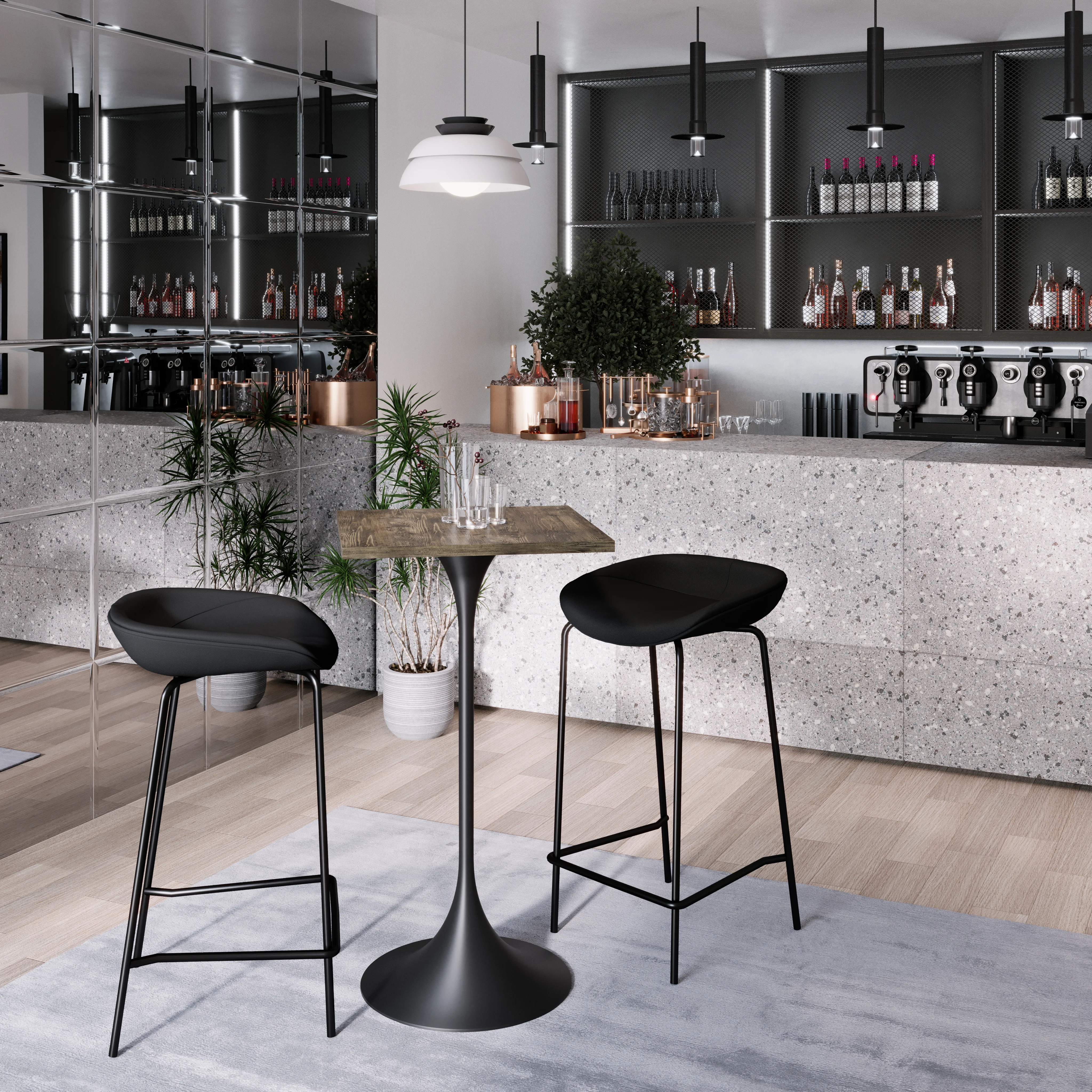 Verve Collection 24 Square Top Bar Height Table, Black Base with Dark Maple MDF Top