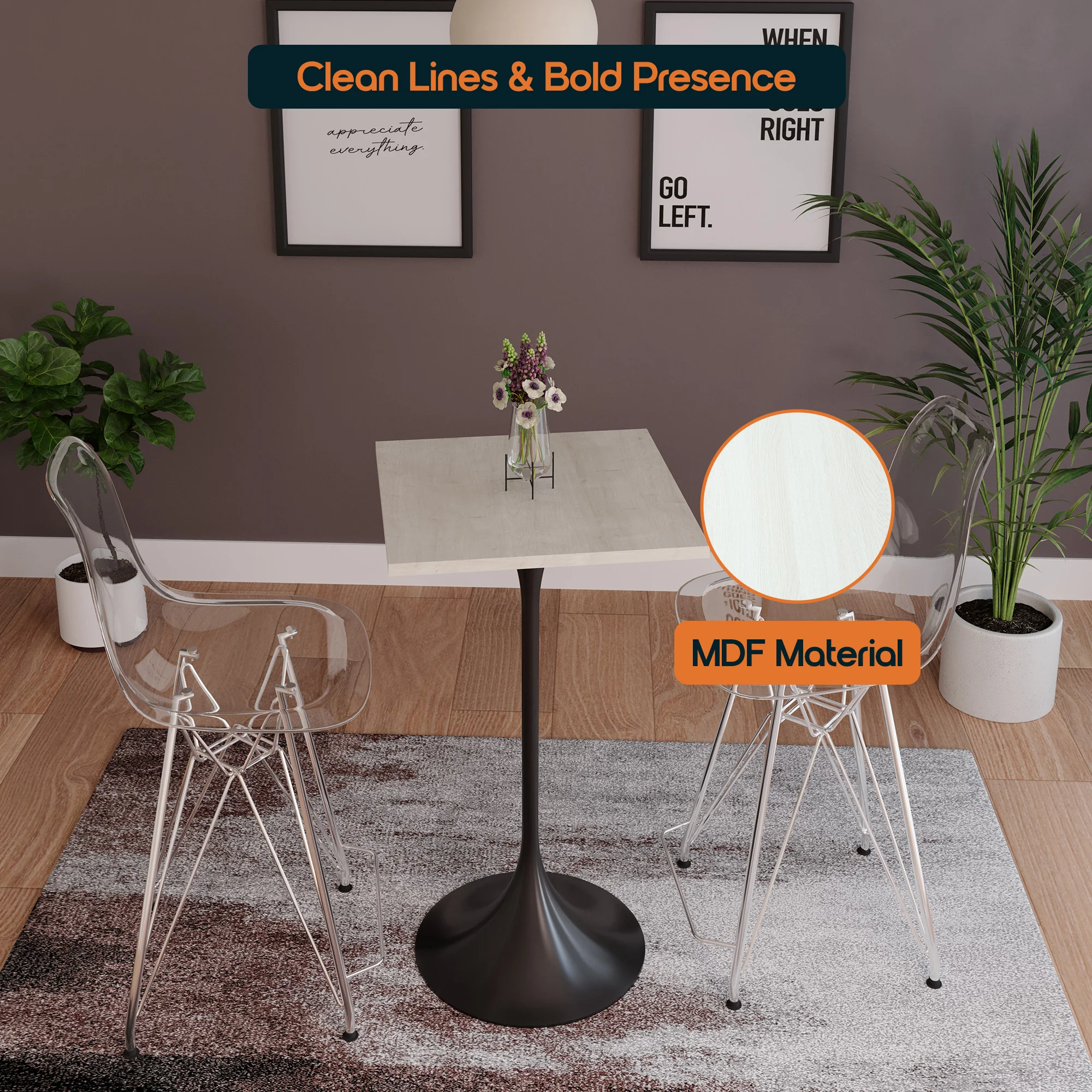 Verve Collection 24 Square Top Bar Height Table, Black Base with Light Natural Wood MDF Top