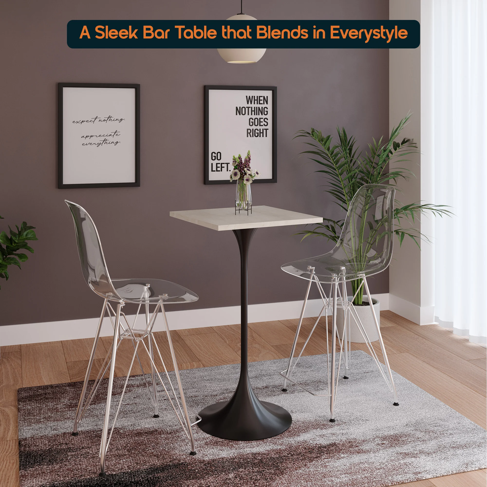 Verve Collection 24 Square Top Bar Height Table, Black Base with Light Natural Wood MDF Top