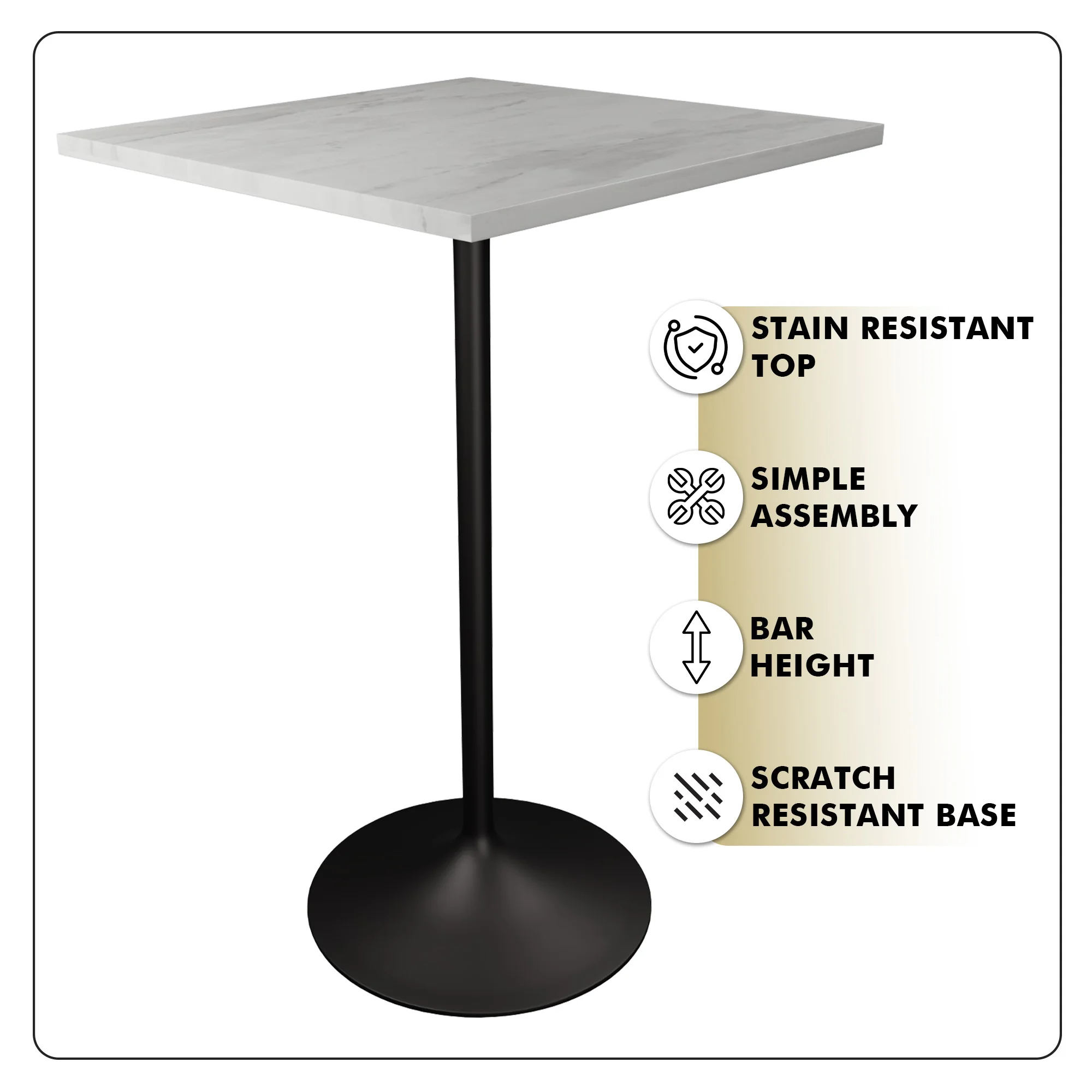 Verve Collection Modern Bar Height Table Black Base with 27" Square Marbleized White Laminated  Top