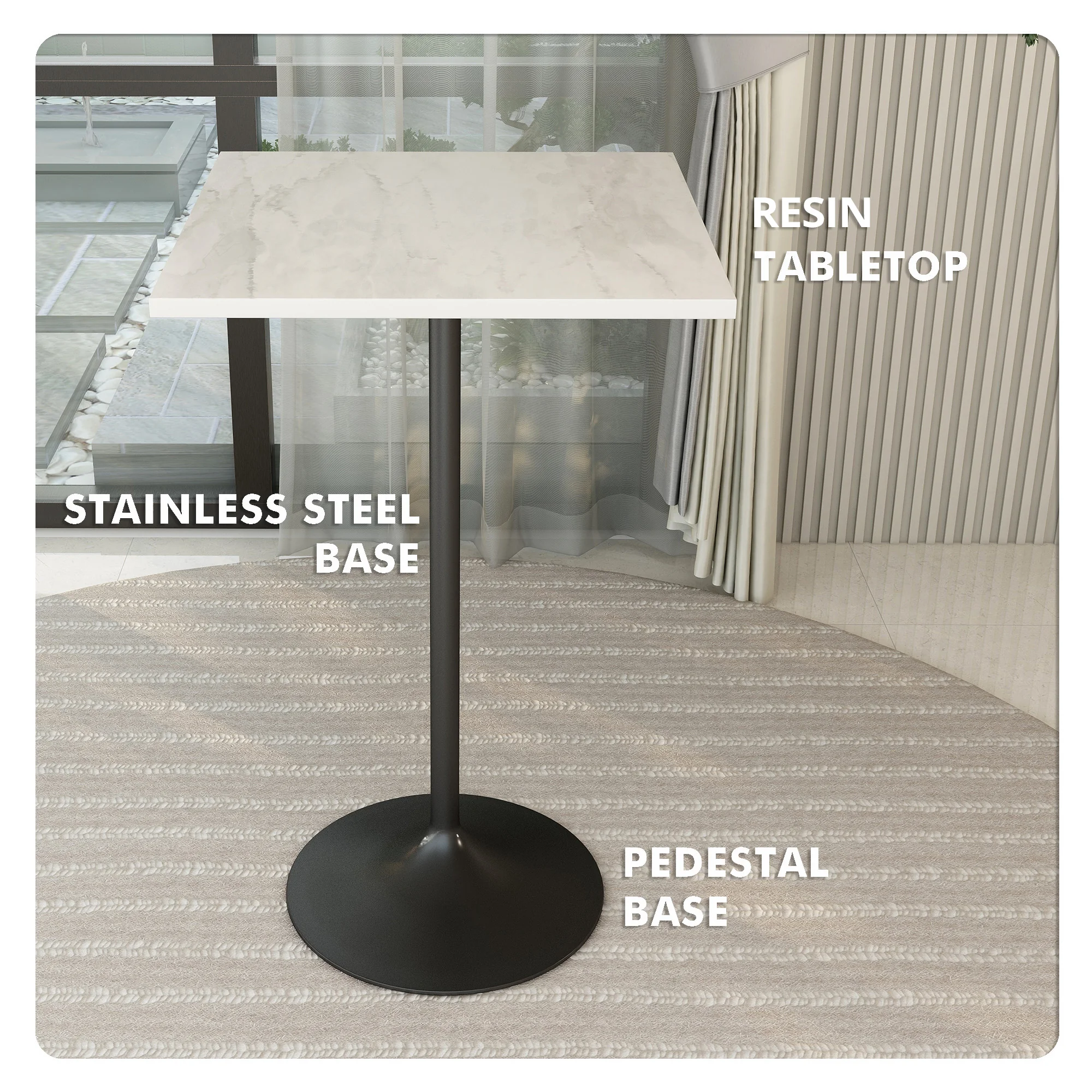 Verve Collection Modern Bar Height Table Black Base with 27" Square Marbleized White Laminated  Top