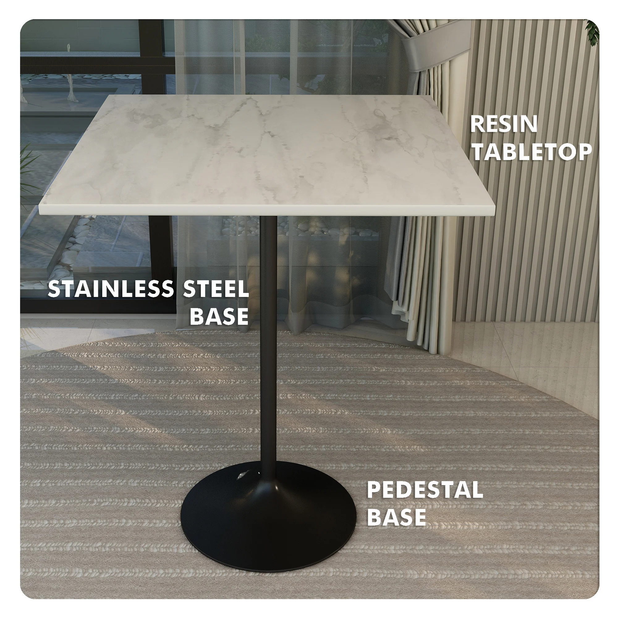 Verve Collection Modern Bar Height Table Black Base with 36" Square Marbleized White Laminated  Top