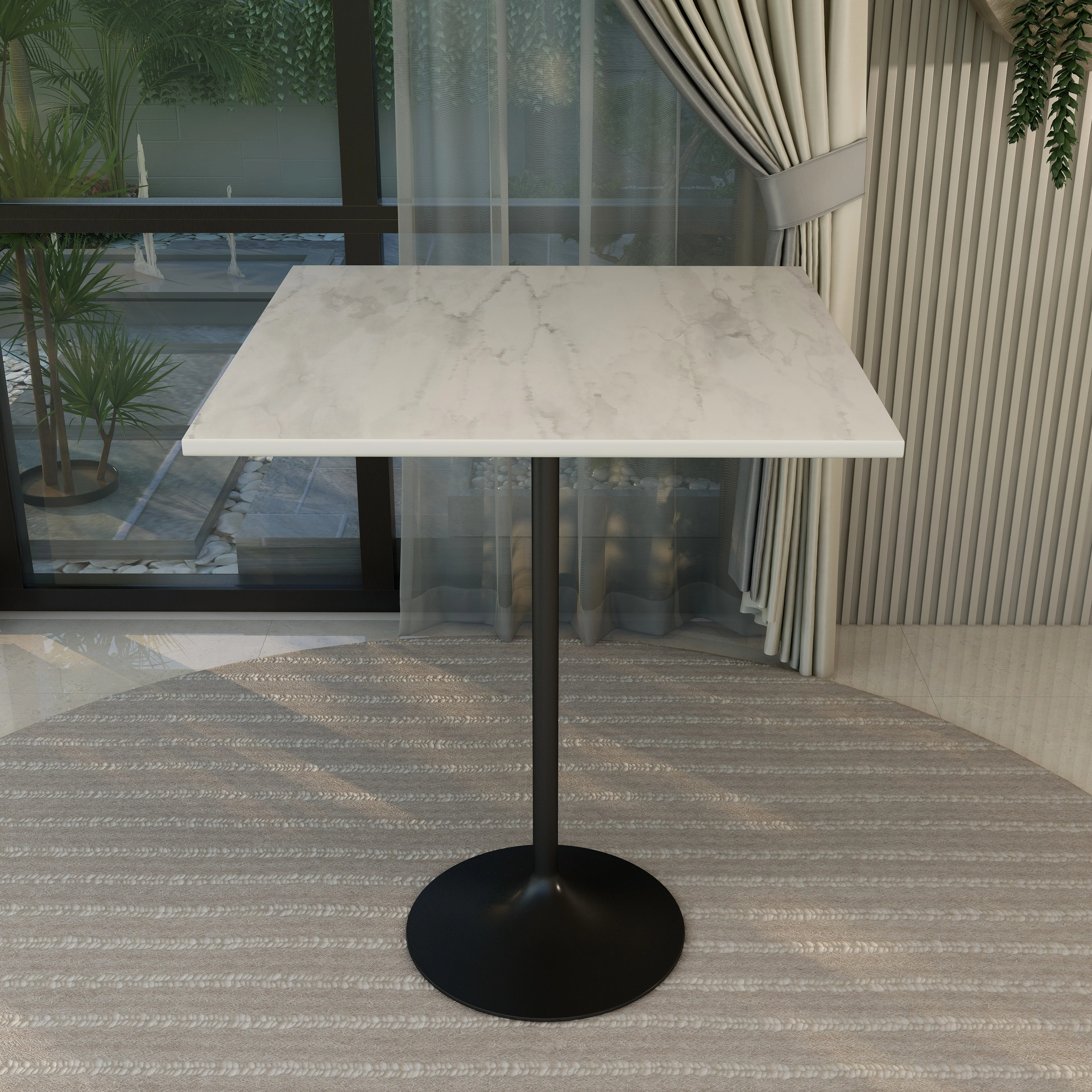 Verve Collection Modern Bar Height Table Black Base with 36" Square Marbleized White Laminated  Top