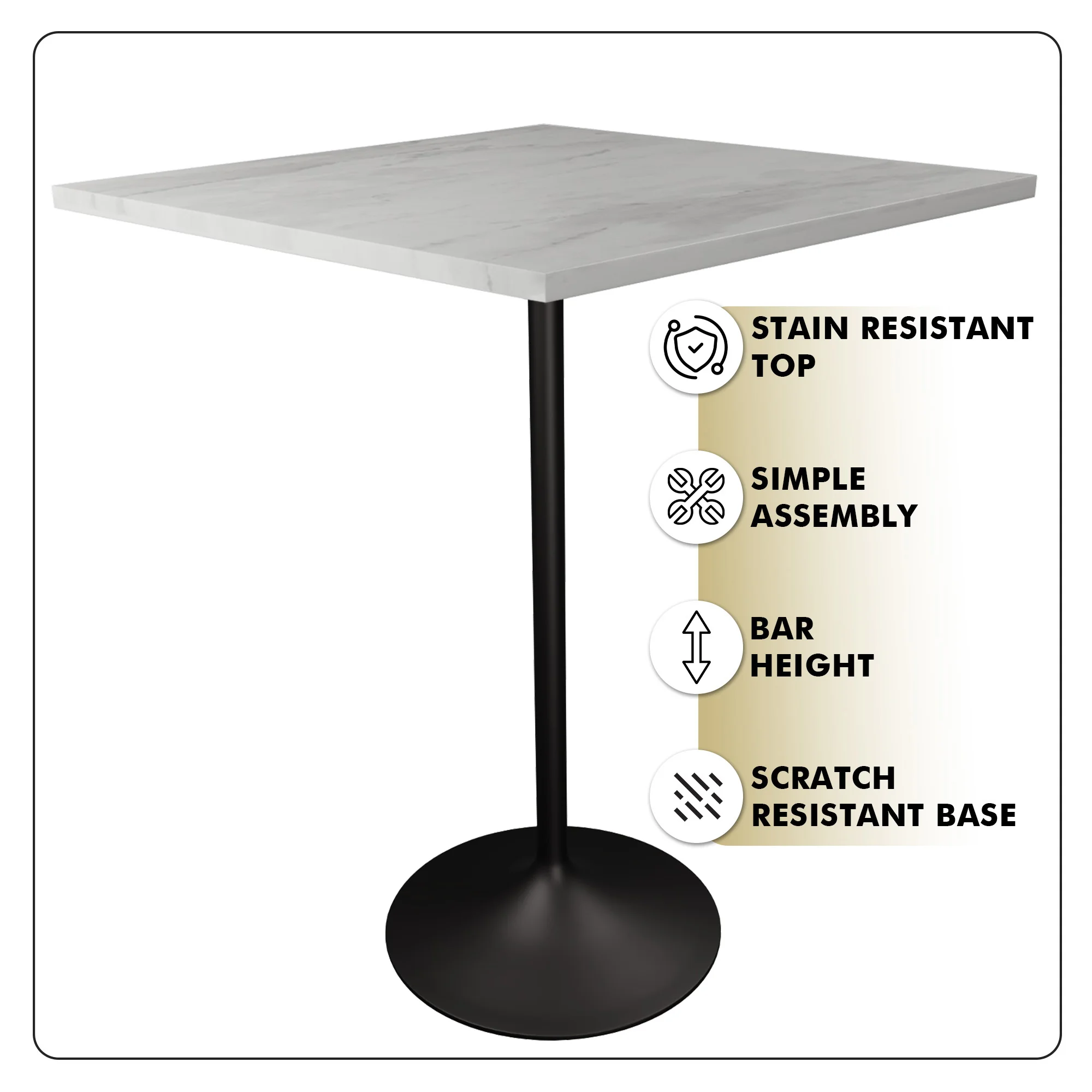 Verve Collection Modern Bar Height Table Black Base with 36" Square Marbleized White Laminated  Top