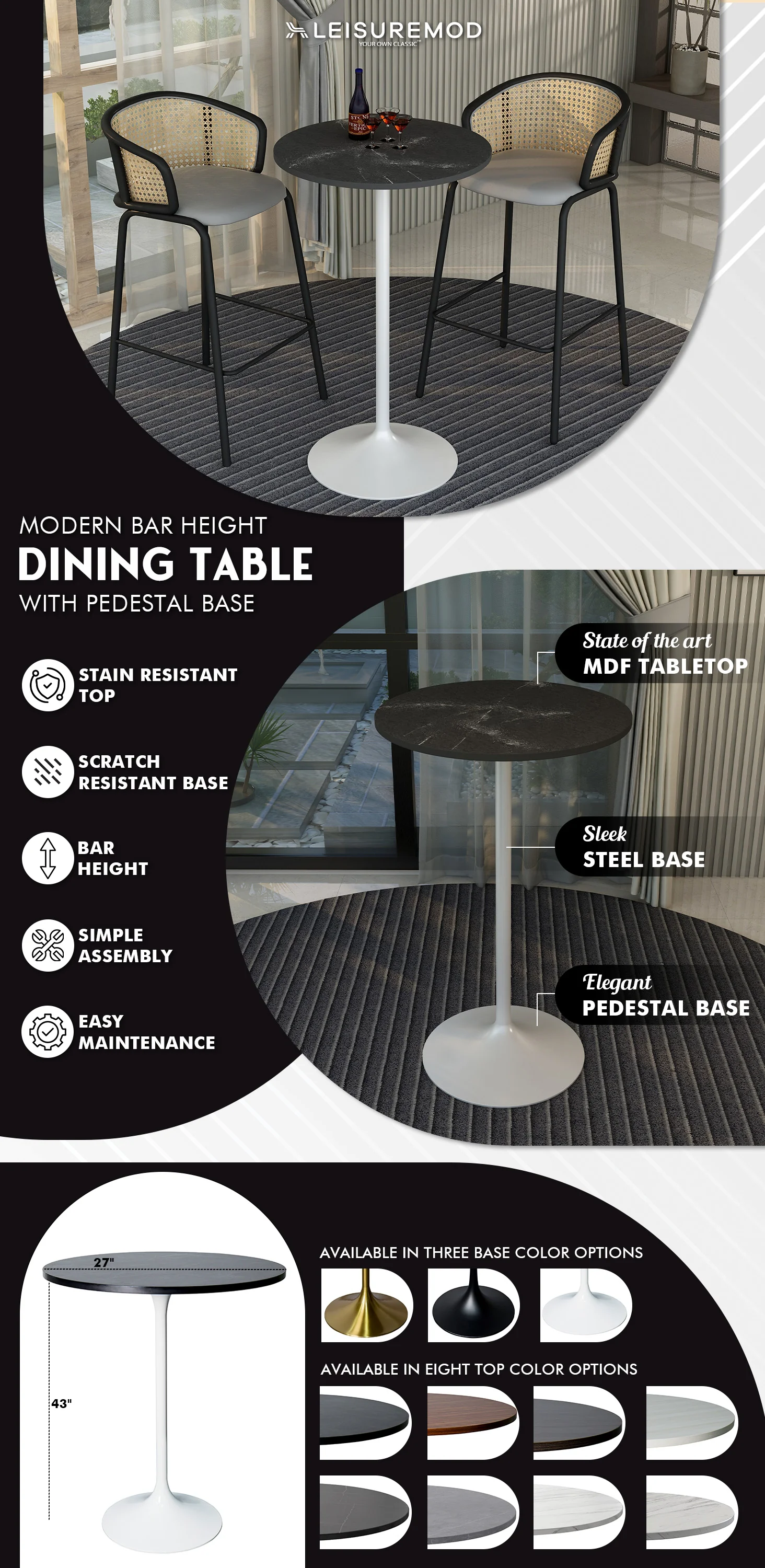 Verve Collection Modern Bar Height Table White Base with 27" Round Black Marbelized MDF Top