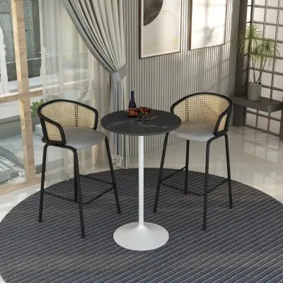 Verve Collection Modern Bar Height Table White Base with 27" Round Black Marbelized MDF Top