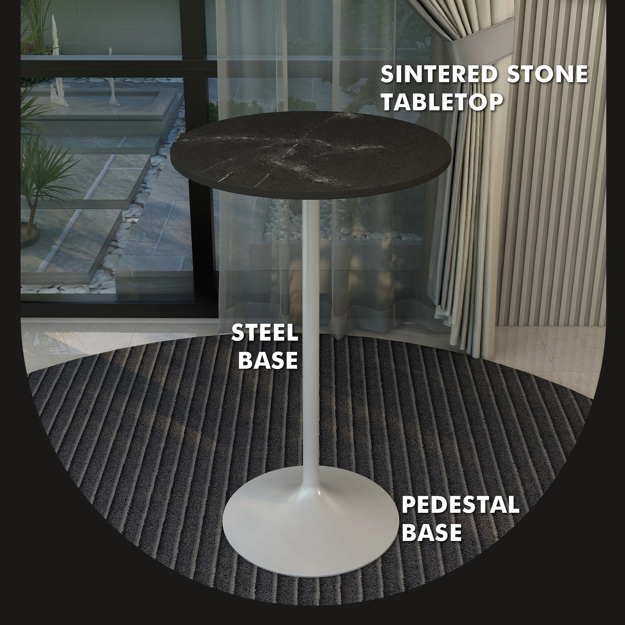 Verve Collection Modern Bar Height Table White Base with 27" Round Black Marbelized Sintered Stone Top