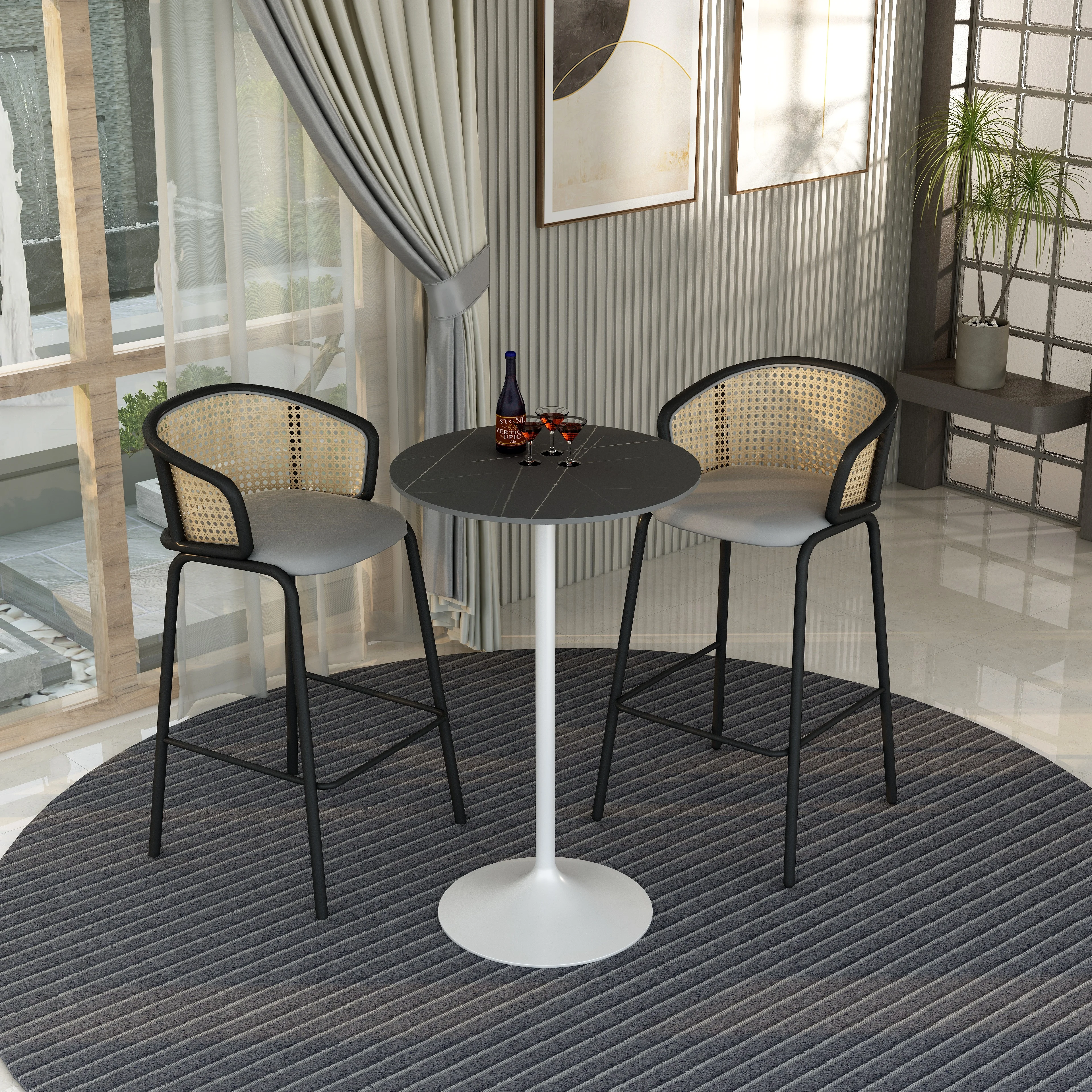 Verve Collection Modern Bar Height Table White Base with 27" Round Black Marbelized Sintered Stone Top