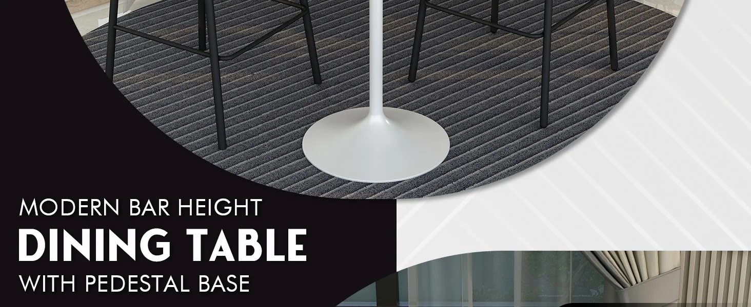 Verve Collection Modern Bar Height Table White Base with 27" Round Black Marbelized Sintered Stone Top