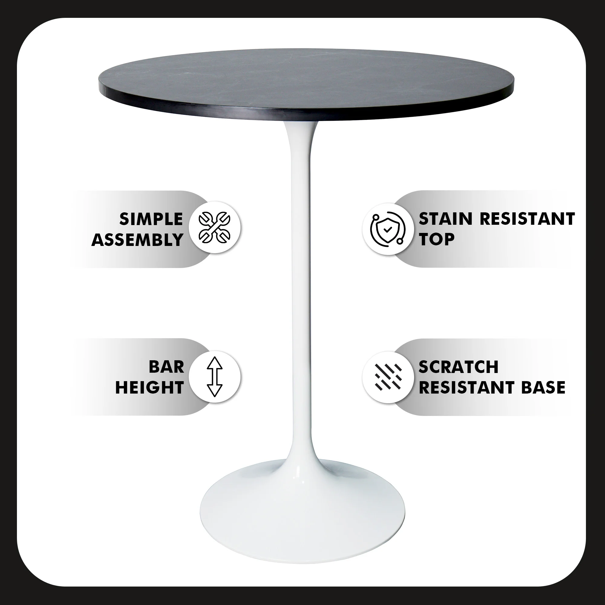 Verve Collection Modern Bar Height Table White Base with 27" Round Black Marbelized Sintered Stone Top