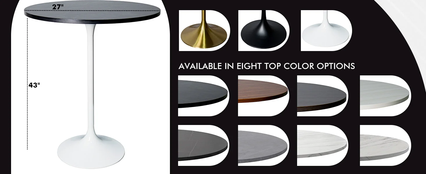 Verve Collection Modern Bar Height Table White Base with 27" Round Black Marbelized Sintered Stone Top