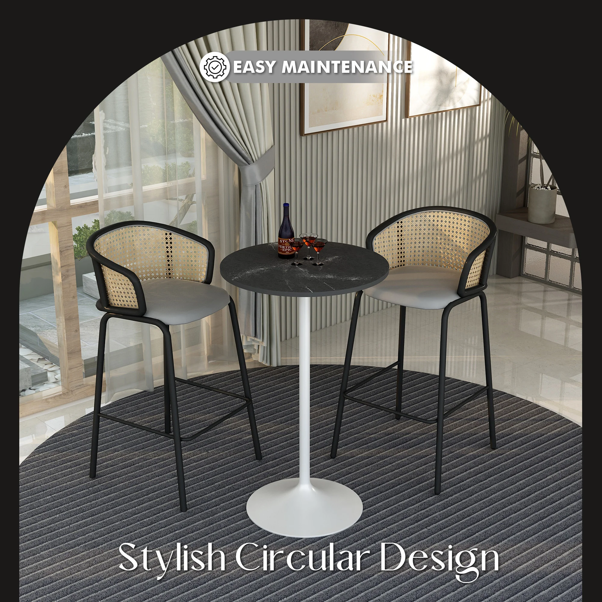 Verve Collection Modern Bar Height Table White Base with 27" Round Black Marbelized Sintered Stone Top