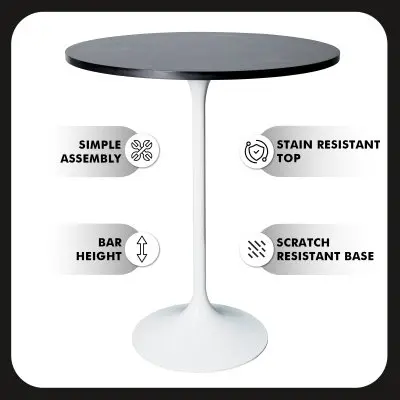 Verve Collection Modern Bar Height Table White Base with 27" Round Black Marbelized Sintered Stone Top
