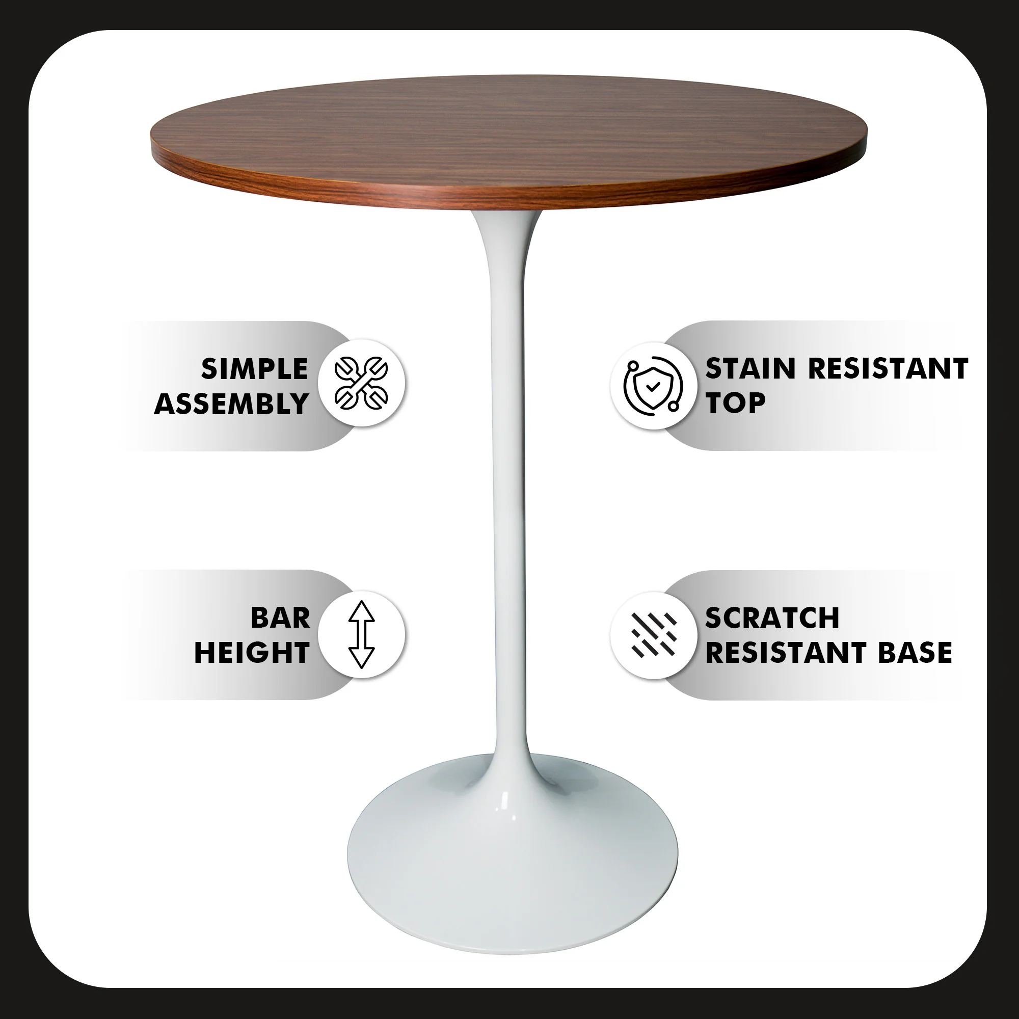 Verve Collection Modern Bar Height Table White Base with 27" Round Cognac Brown MDF Top