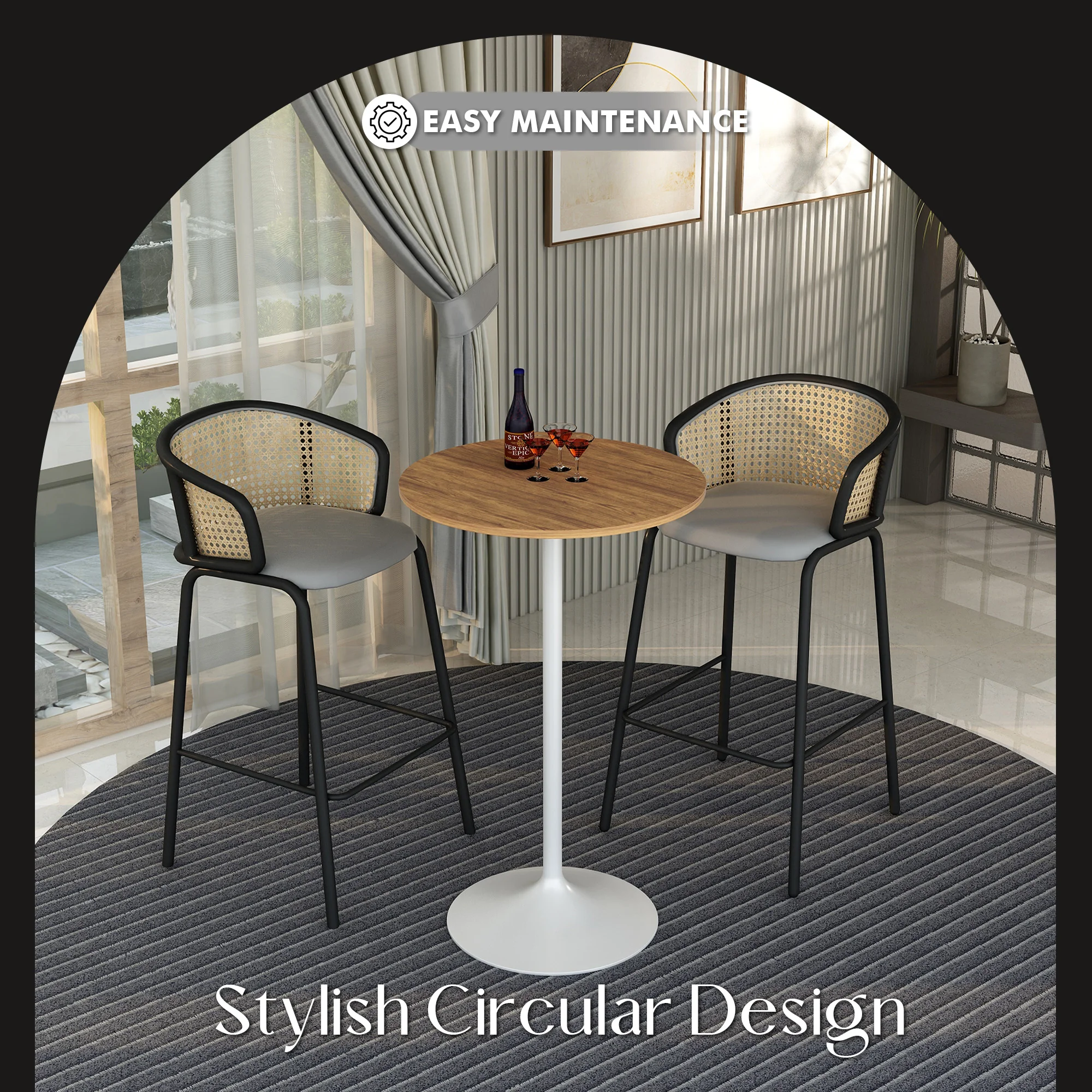 Verve Collection Modern Bar Height Table White Base with 27" Round Cognac Brown MDF Top