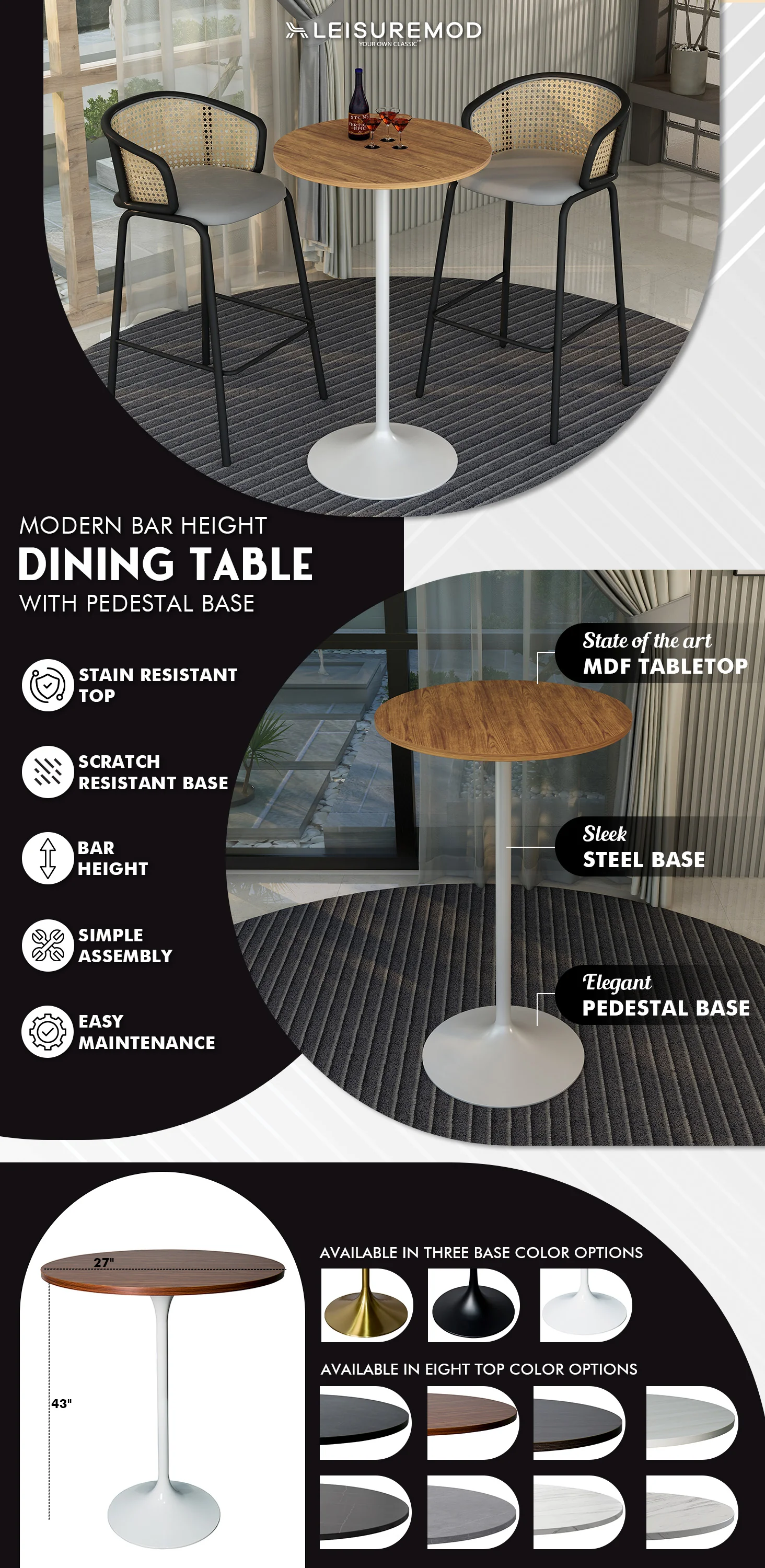 Verve Collection Modern Bar Height Table White Base with 27" Round Cognac Brown MDF Top