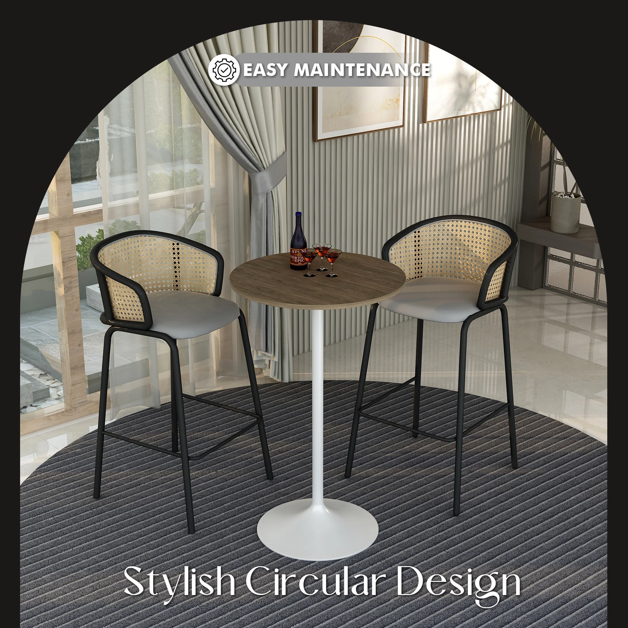 Verve Collection Modern Bar Height Table White Base with 27" Round Dark Walnut MDF Top