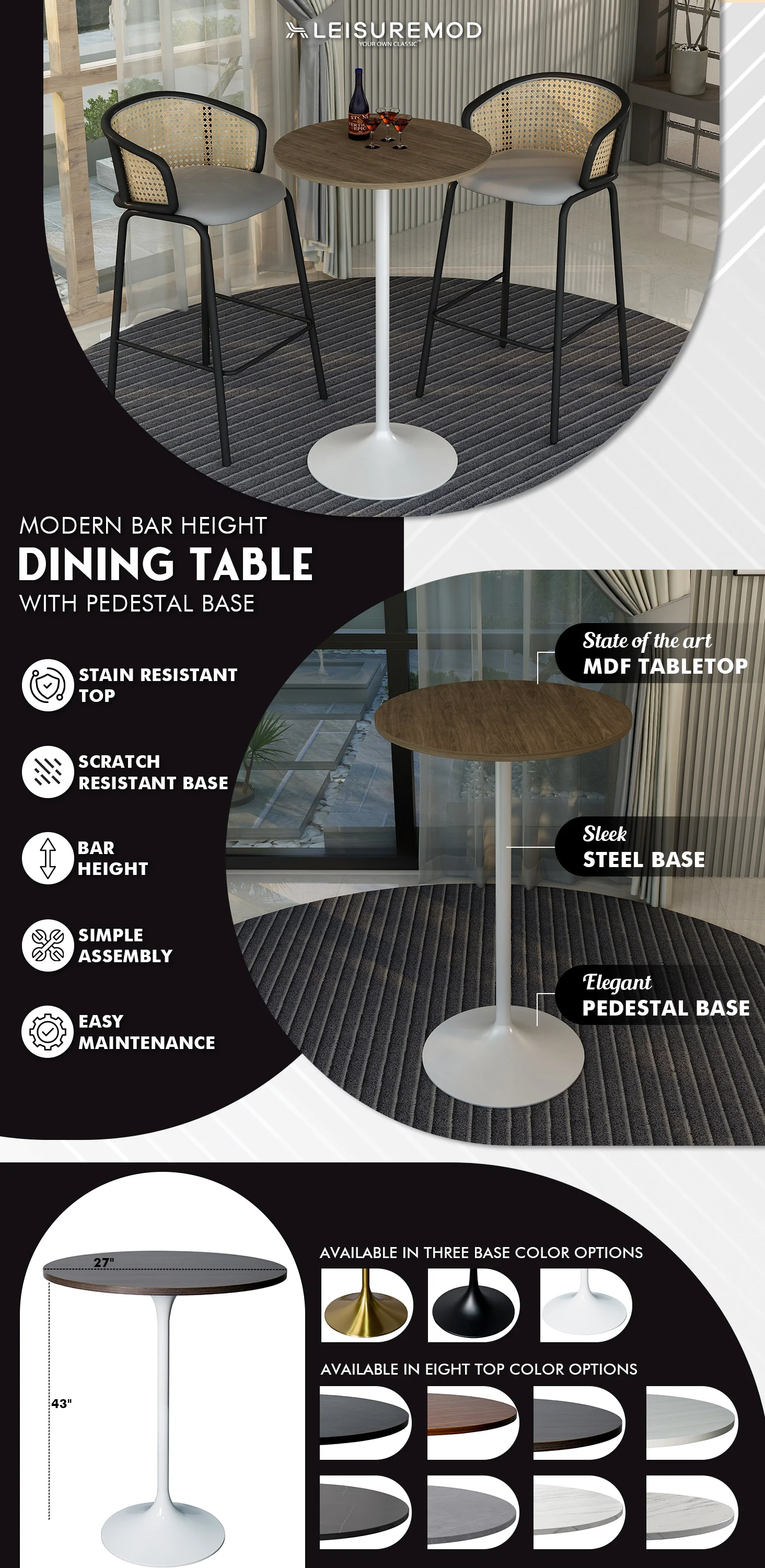 Verve Collection Modern Bar Height Table White Base with 27" Round Dark Walnut MDF Top