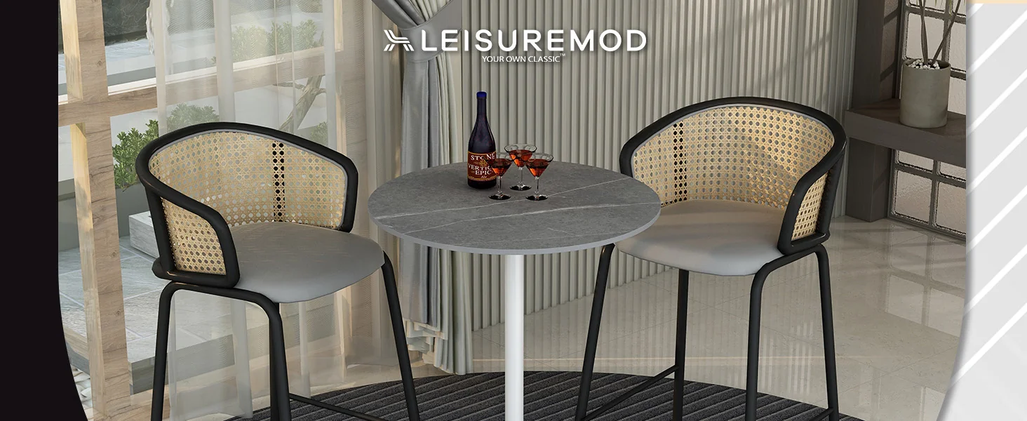 Verve Collection Modern Bar Height Table White Base with 27" Round Marble Grey Sintered Stone Top